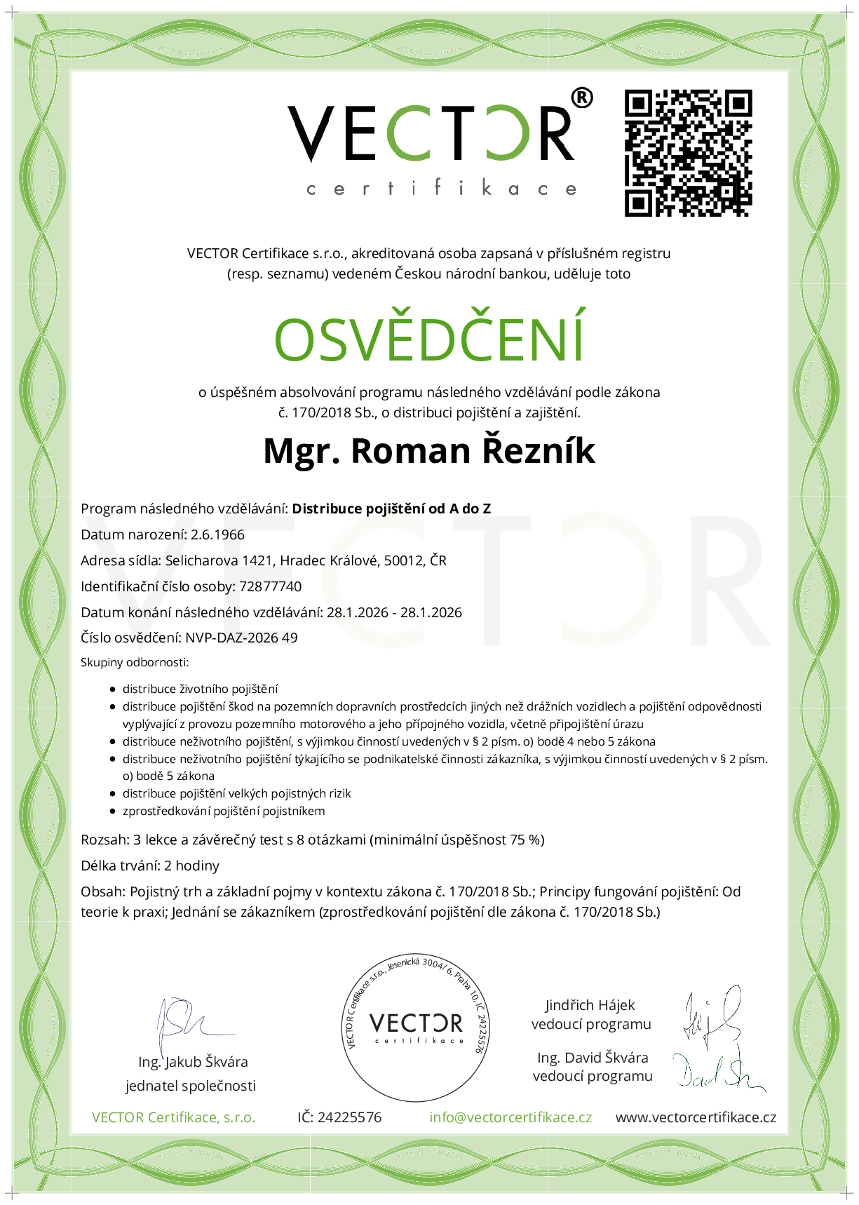 Osvědčení kurzu: Distribuce pojištění od A do Z (NVP-DAZ-2026)