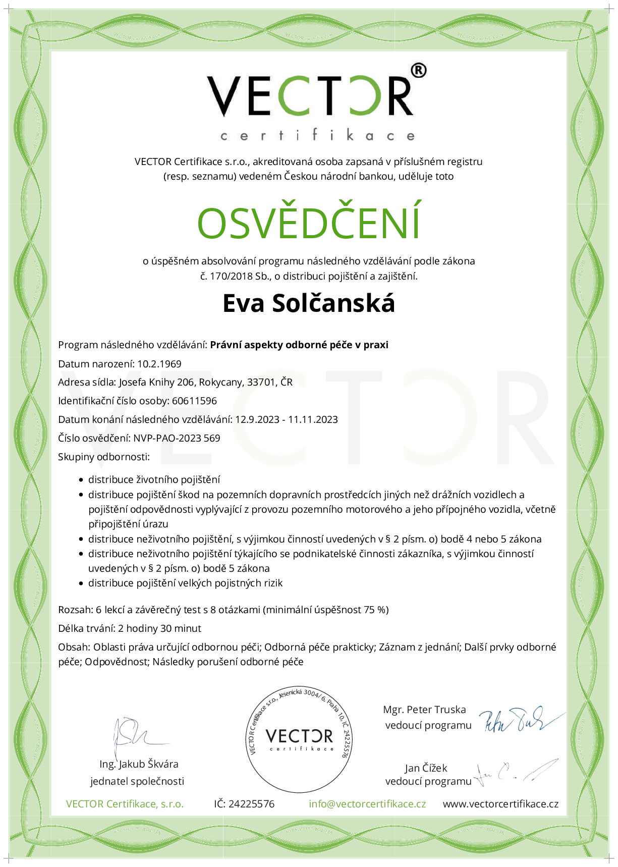 Osvědčení kurzu: Právní aspekty odborné péče v praxi (NVP-PAO-2023)