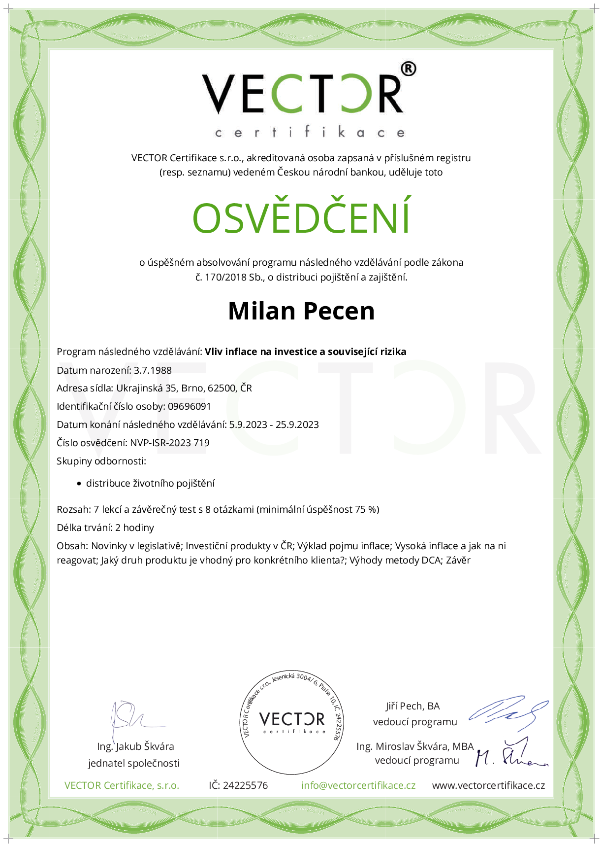 Osvědčení kurzu: Vliv inflace na investice a související rizika (NVP-ISR-2023)