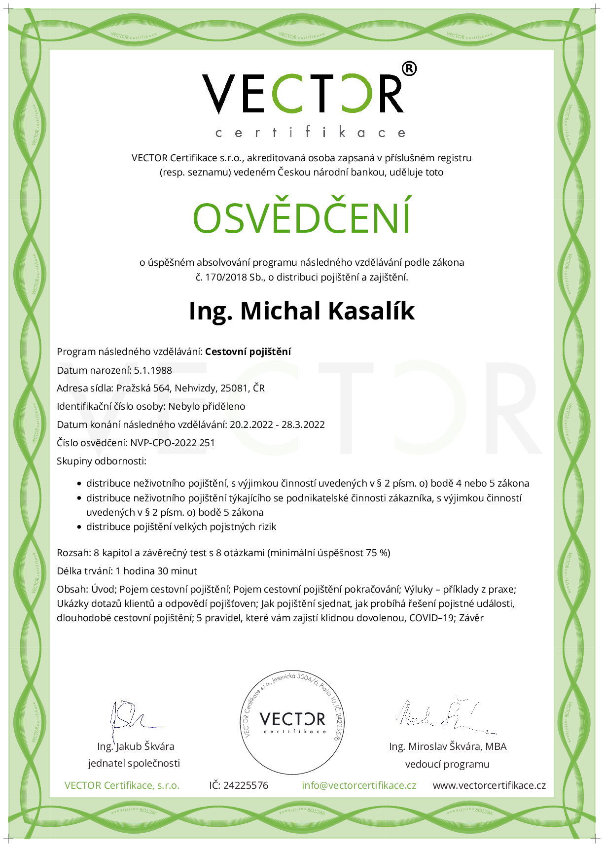 Osvědčení kurzu: Cestovní pojištění (NVP-CPO-2022)