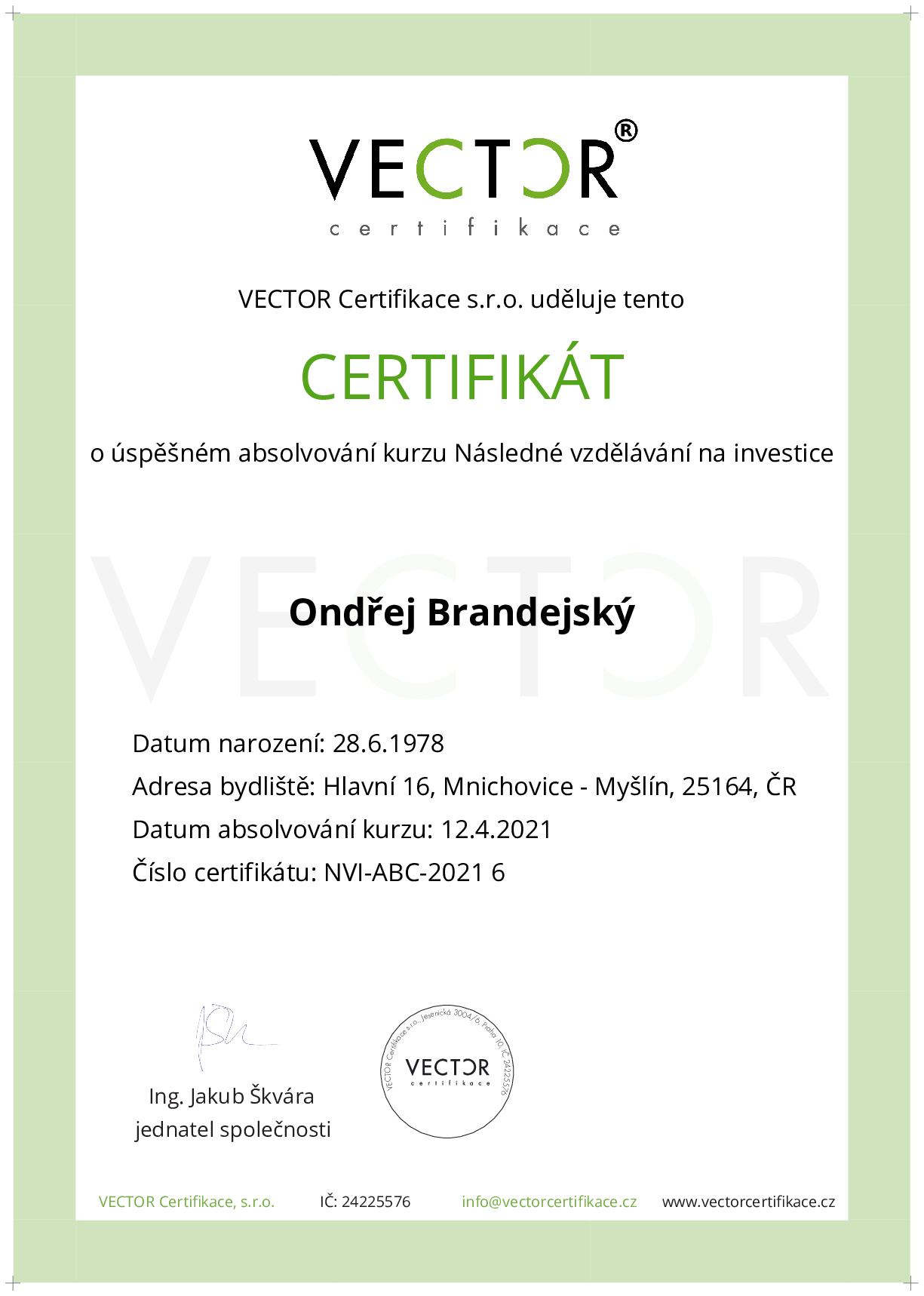 Osvědčení kurzu: Následné vzdělávání na investice (NVI-ABC-2021)