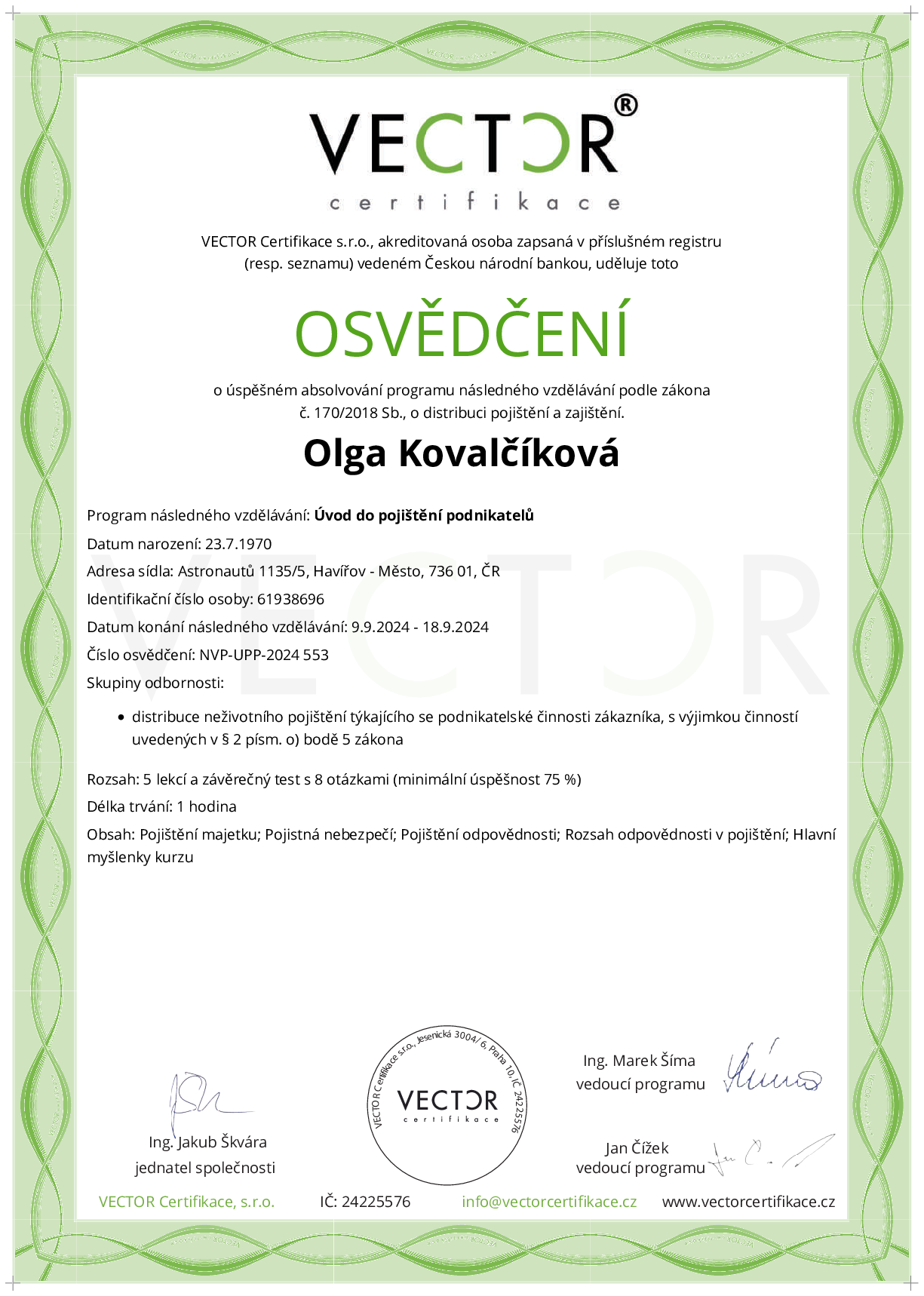 Osvědčení kurzu: Úvod do pojištění podnikatelů (NVP-UPP-2024)