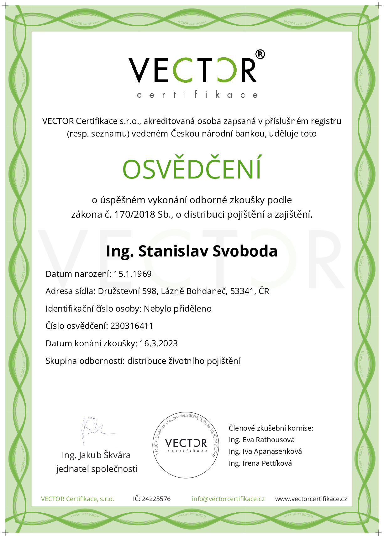 Osvědčení ze zkoušky: I. POJ-ZIV - Životní pojištění