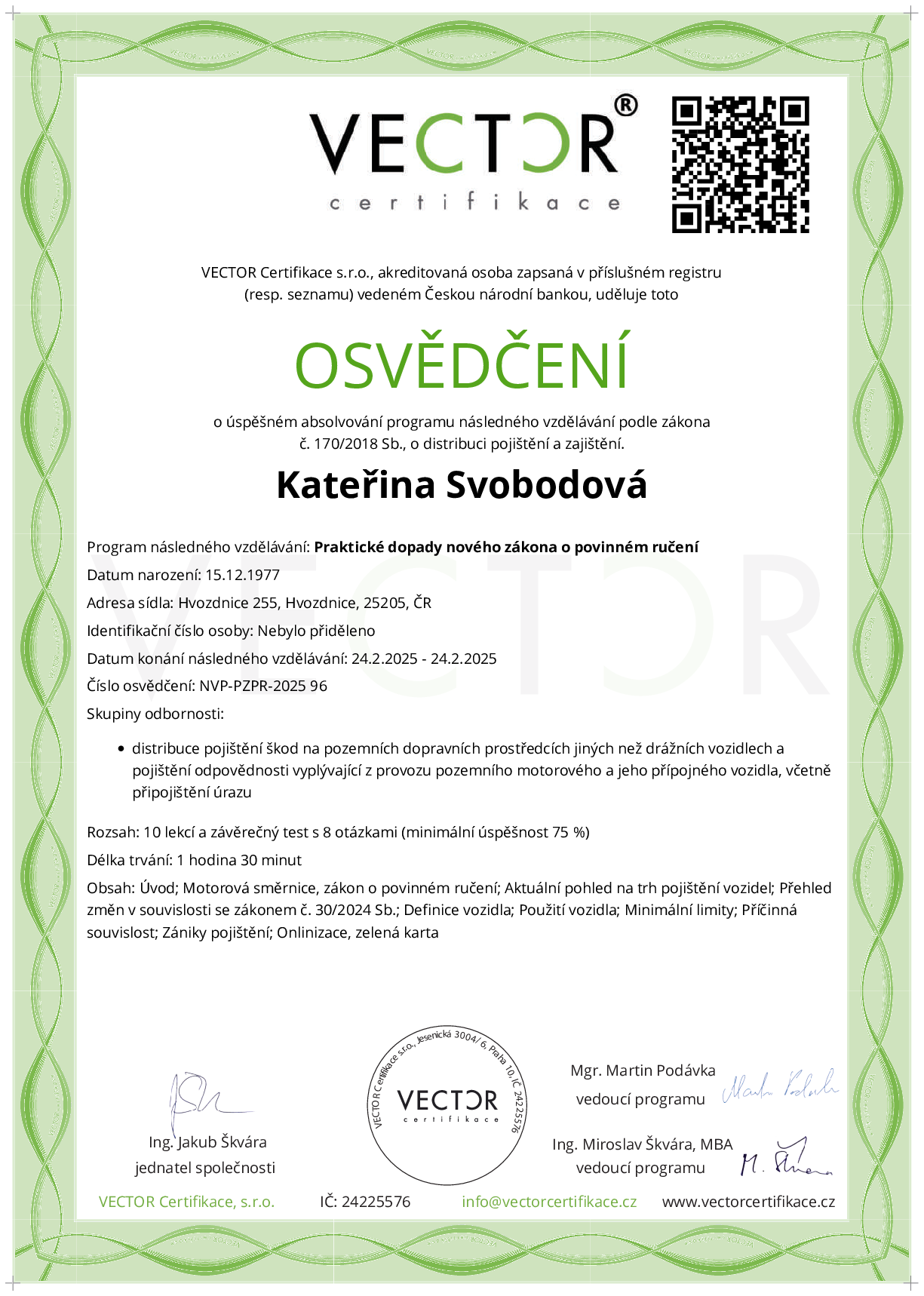Osvědčení kurzu: Praktické dopady nového zákona o povinném ručení (NVP-PZPR-2025)