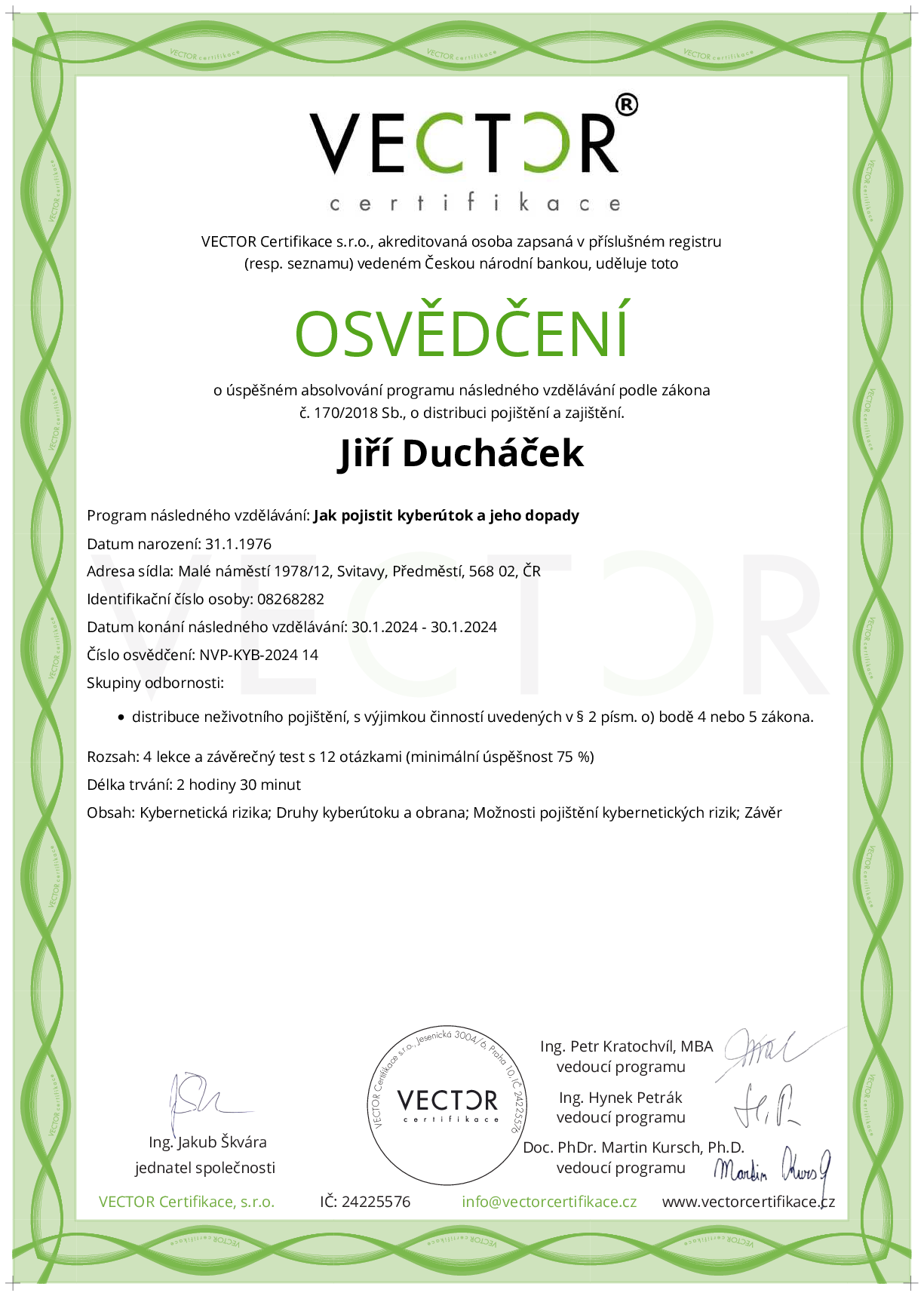 Osvědčení kurzu: Jak pojistit kyberútok a jeho dopady (NVP-KYB-2024)