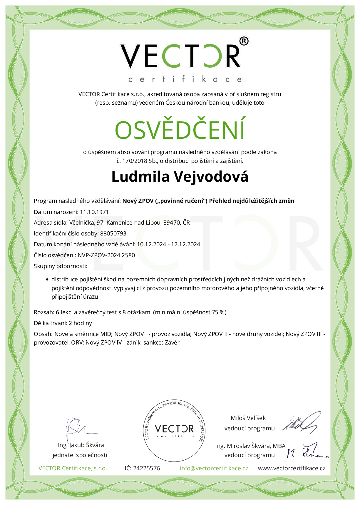 Osvědčení kurzu: Nový ZPOV („povinné ručení“) Přehled nejdůležitějších změn (NVP-ZPOV-2024)