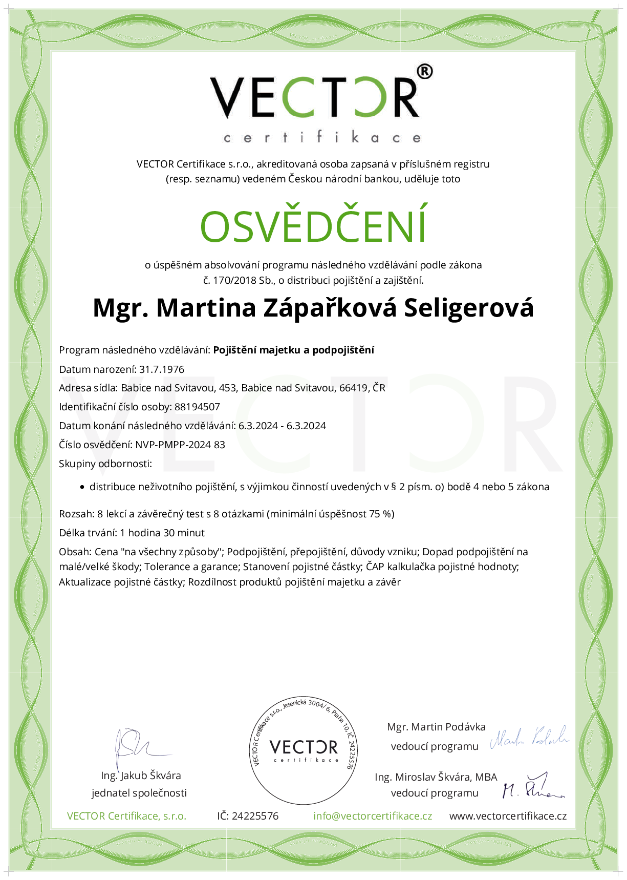 Osvědčení kurzu: Pojištění majetku a podpojištění (NVP-PMPP-2024)