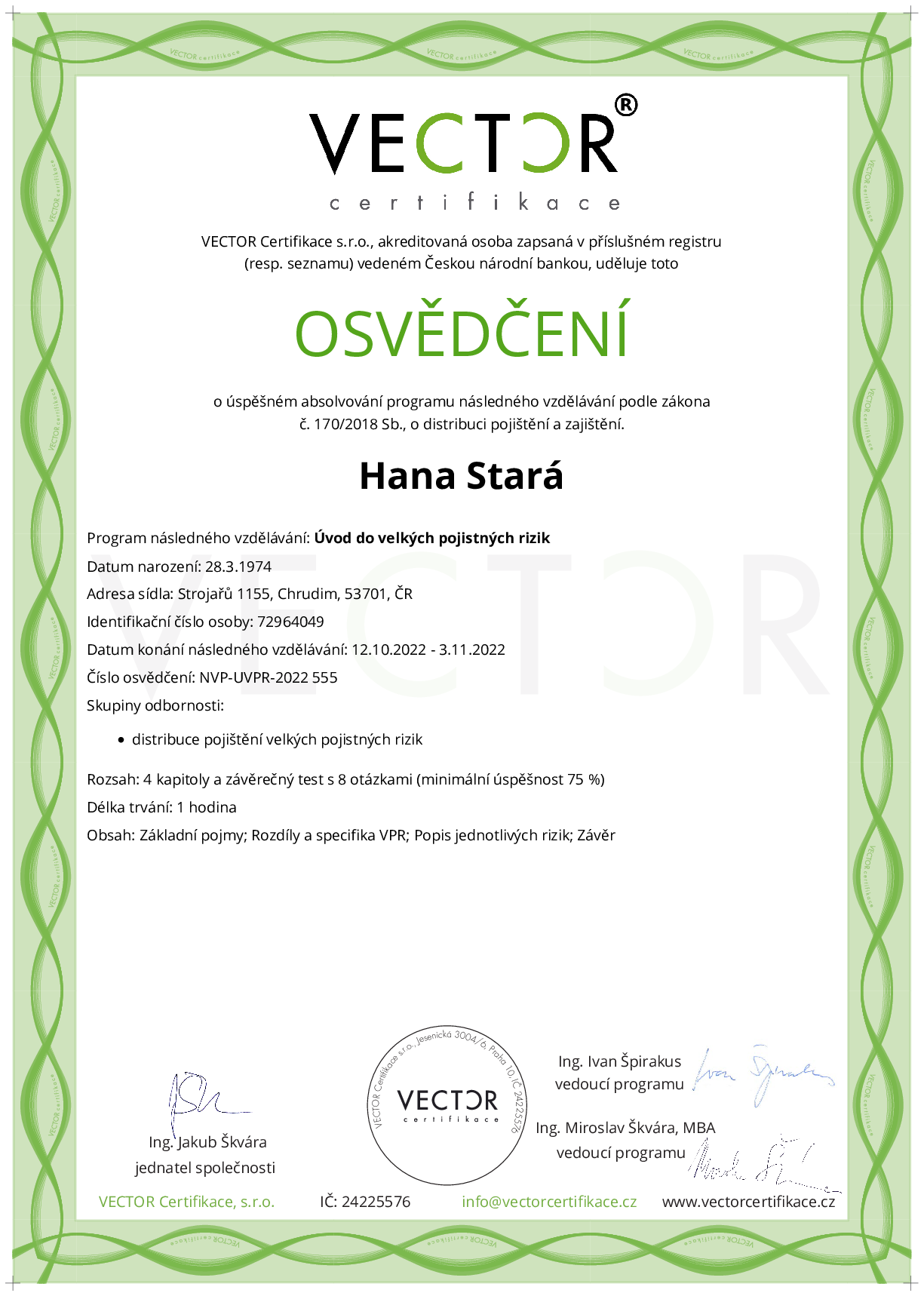 Osvědčení kurzu: Úvod do velkých pojistných rizik (NVP-UVPR-2022)