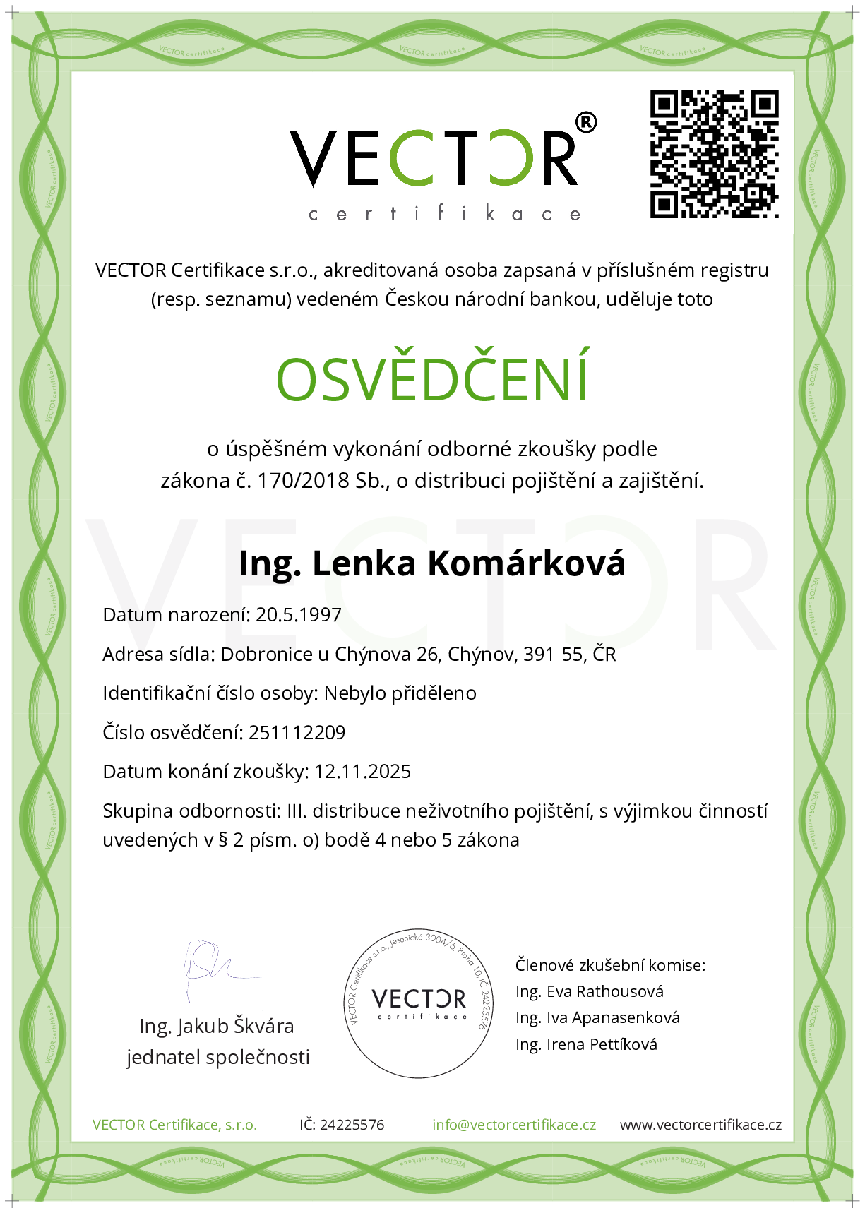 Osvědčení ze zkoušky: III. POJ-NOP - Neživotní občanské pojištění