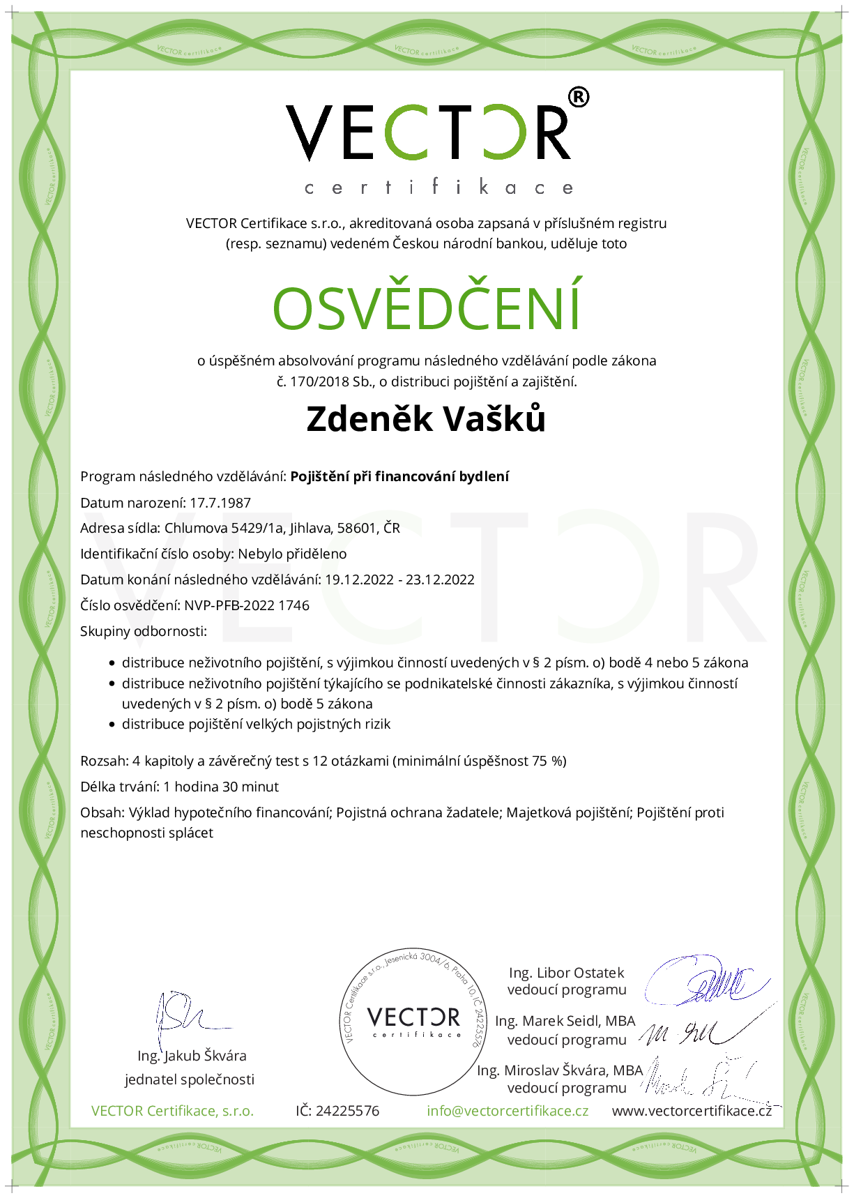 Osvědčení kurzu: Pojištění při financování bydlení (NVP-PFB-2022)
