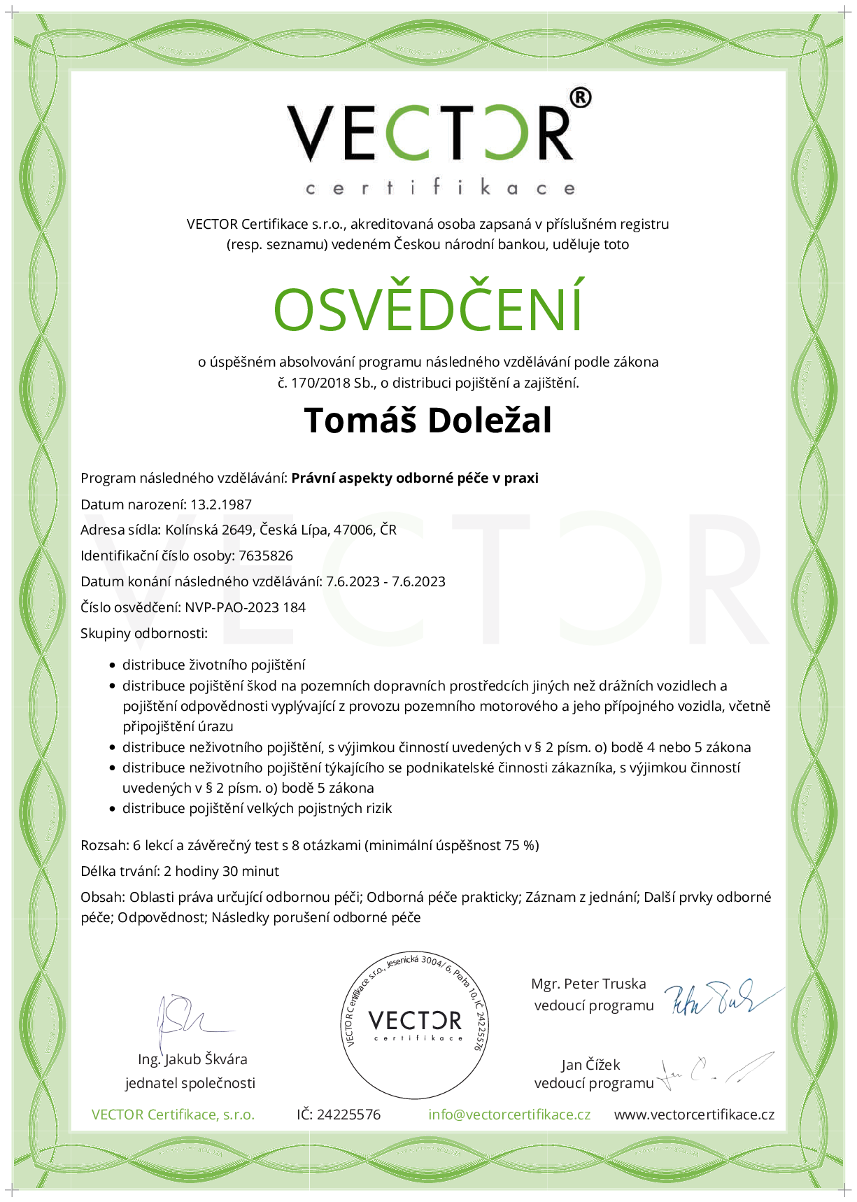 Osvědčení kurzu: Právní aspekty odborné péče v praxi (NVP-PAO-2023)