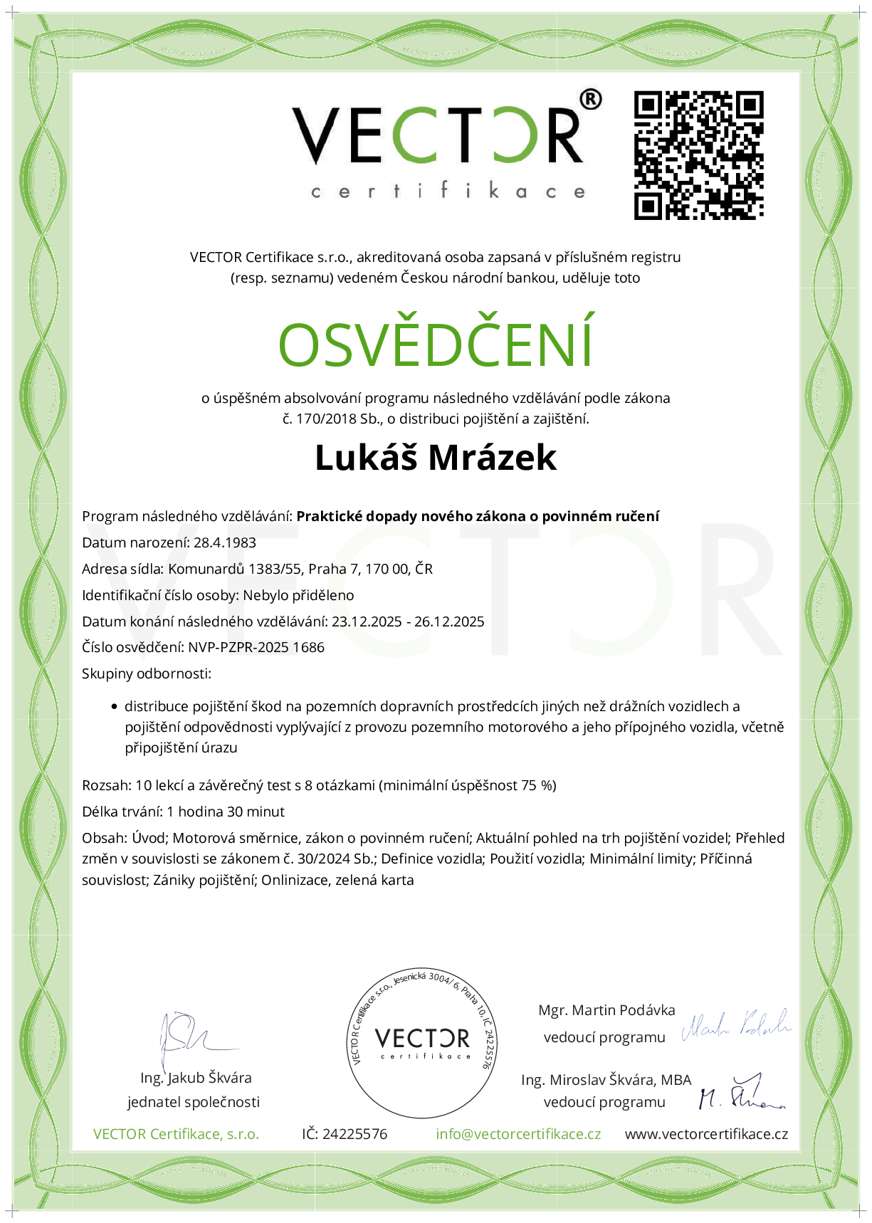 Osvědčení kurzu: Praktické dopady nového zákona o povinném ručení (NVP-PZPR-2025)