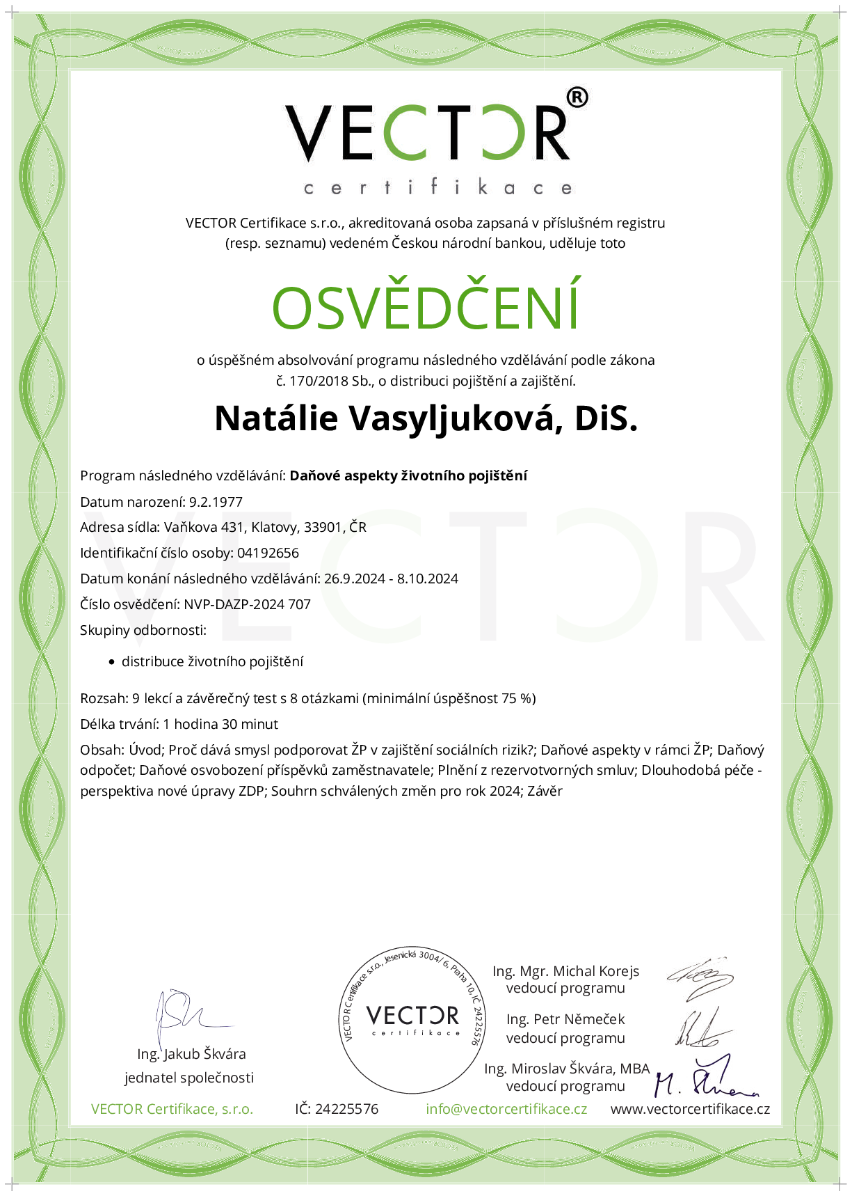 Osvědčení kurzu: Daňové aspekty životního pojištění (NVP-DAZP-2024)