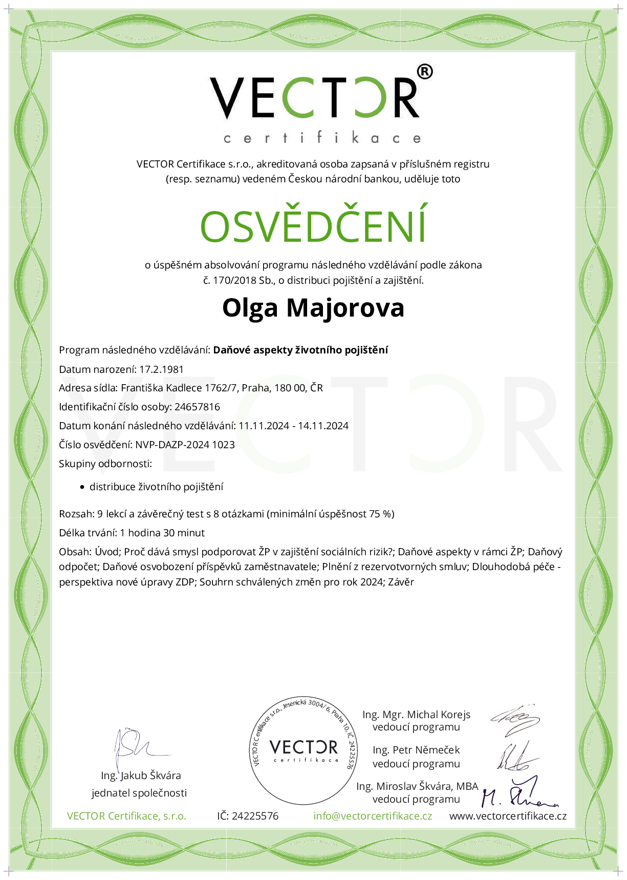 Osvědčení kurzu: Daňové aspekty životního pojištění (NVP-DAZP-2024)