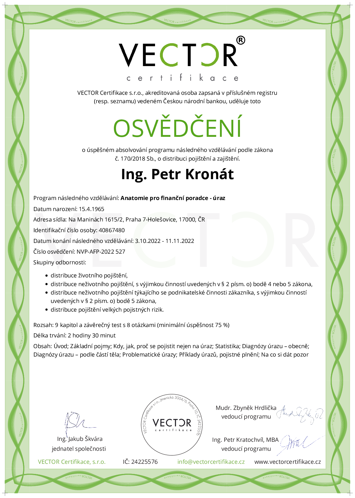 Osvědčení kurzu: Anatomie pro finanční poradce - úraz (NVP-AFP-2022)