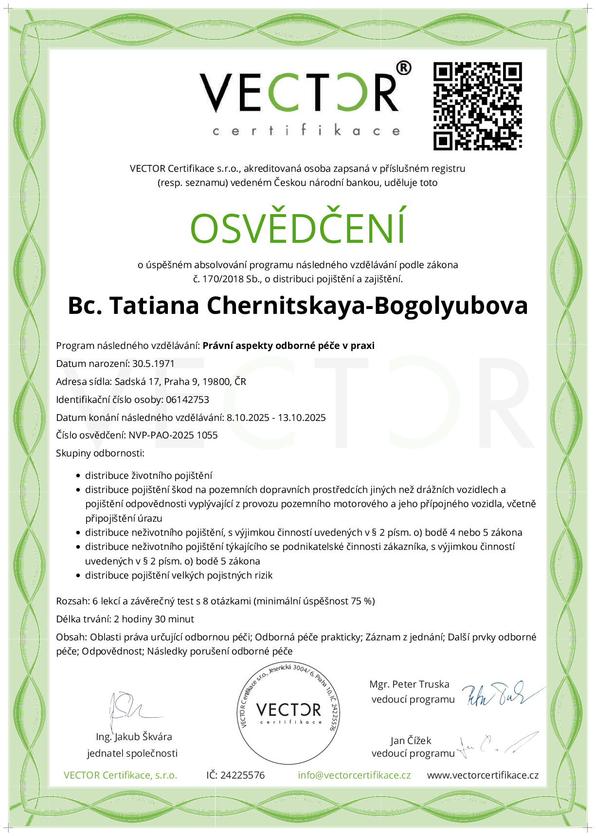 Osvědčení kurzu: Právní aspekty odborné péče v praxi (NVP-PAO-2025)