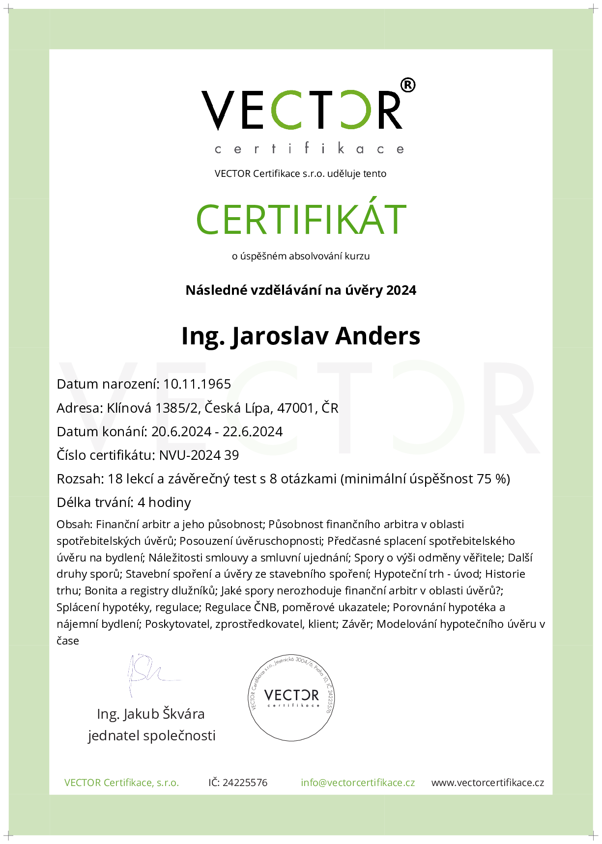 Osvědčení kurzu: Následné vzdělávání na úvěry 2024 (NVU-2024)