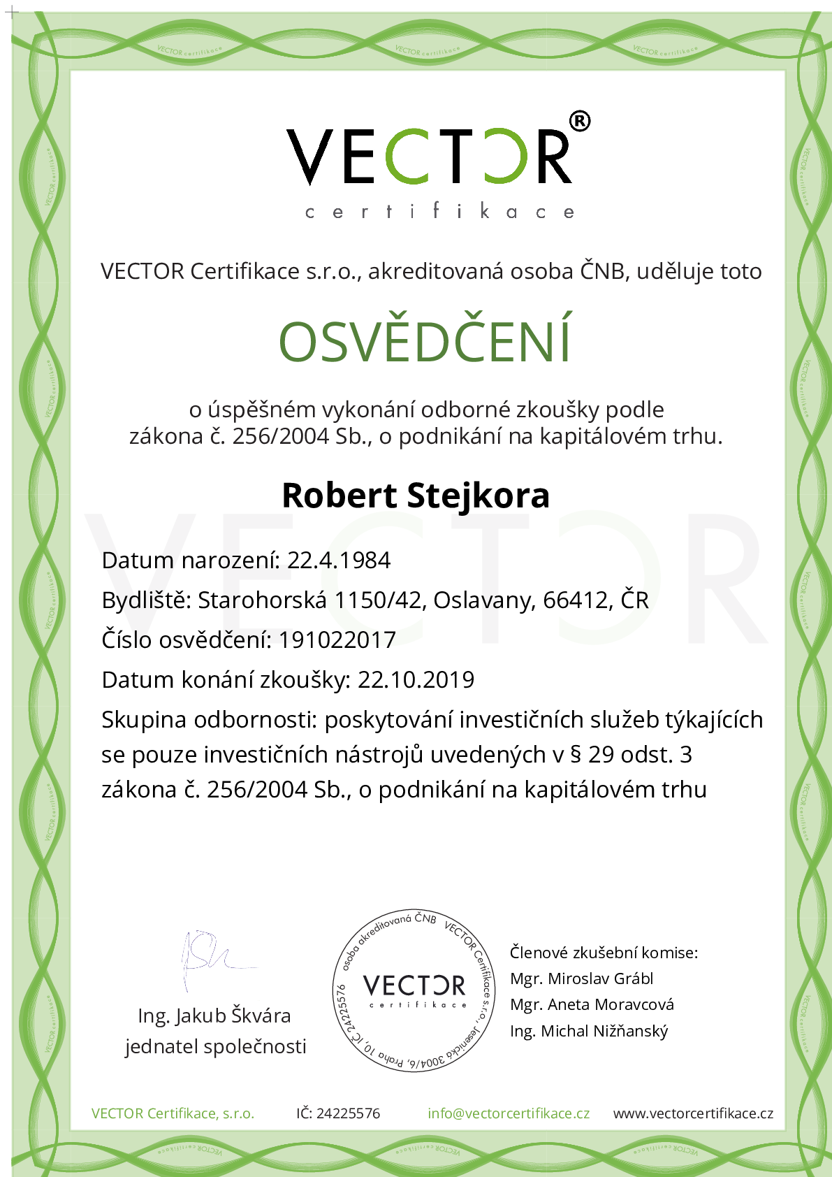 Osvědčení ze zkoušky: I. INV-ZPR - Investiční zprostředkovatel