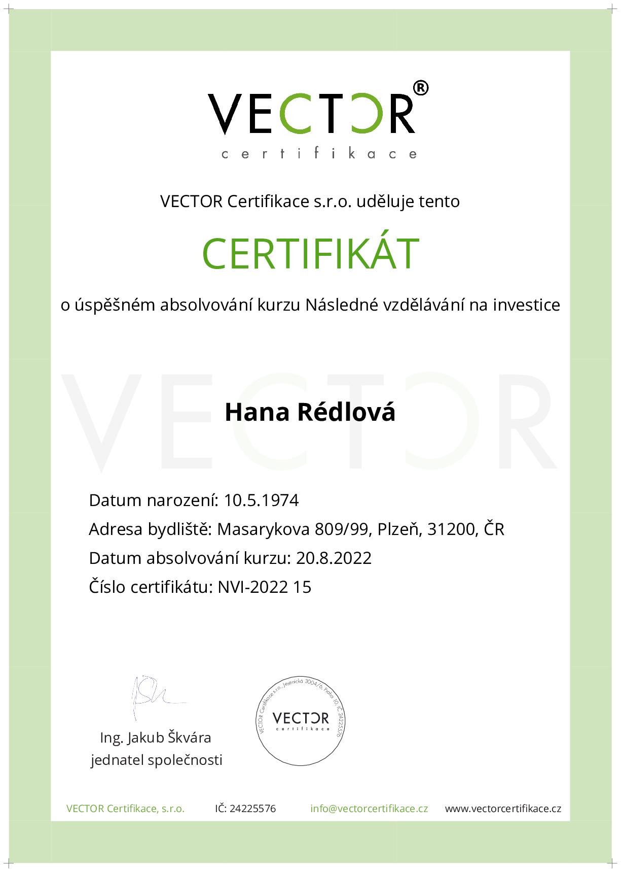 Osvědčení kurzu: Následné vzdělávání na investice (NVI-2022)