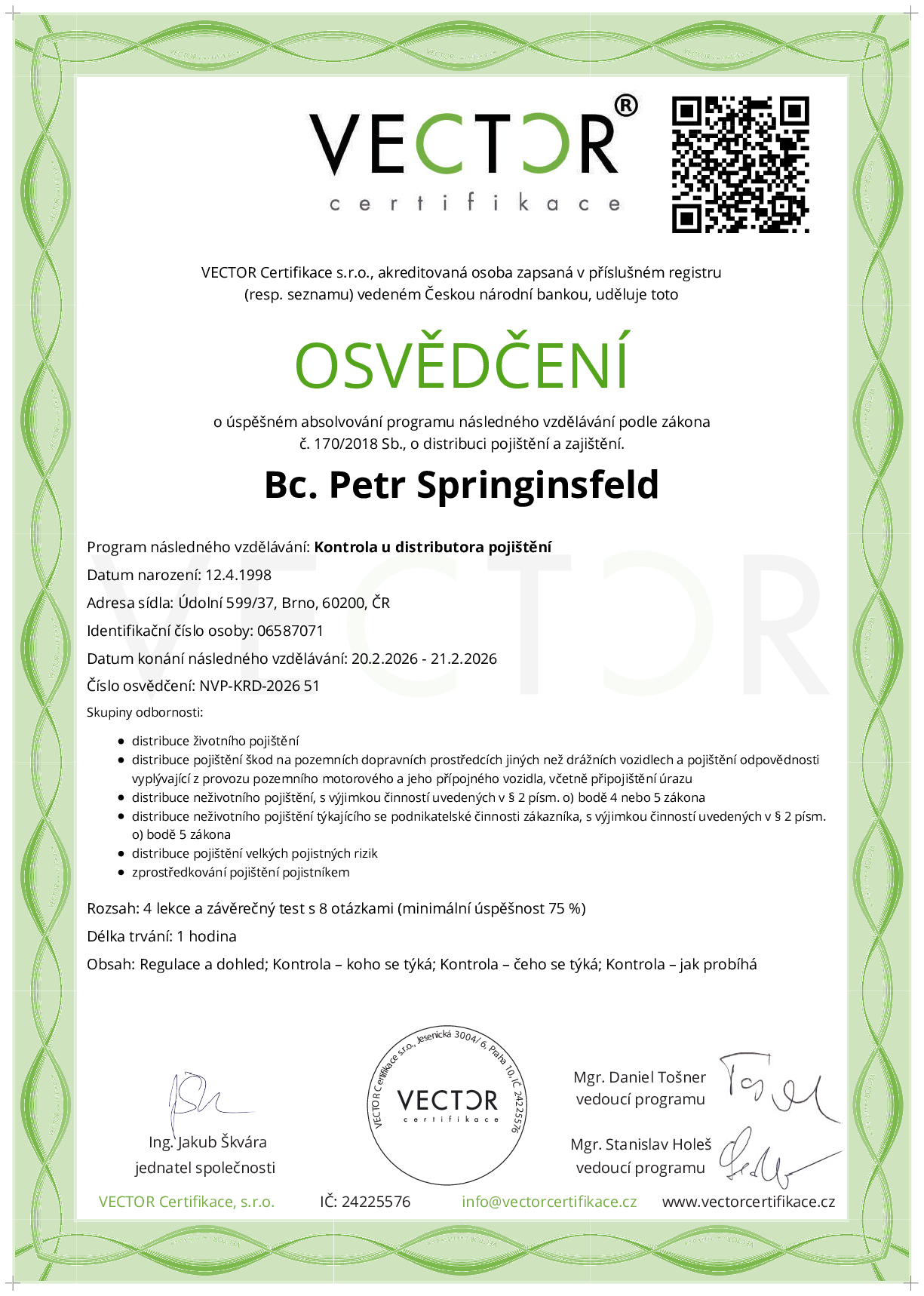 Osvědčení kurzu: Kontrola u distributora pojištění (NVP-KRD-2026)