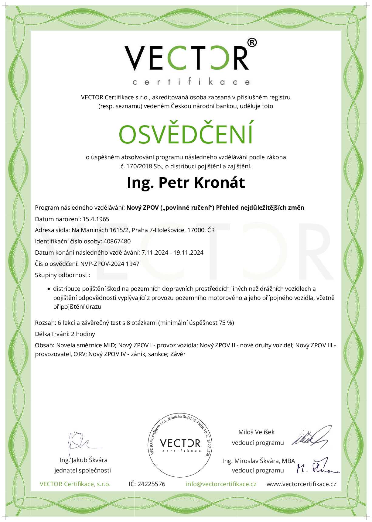 Osvědčení kurzu: Nový ZPOV („povinné ručení“) Přehled nejdůležitějších změn (NVP-ZPOV-2024)