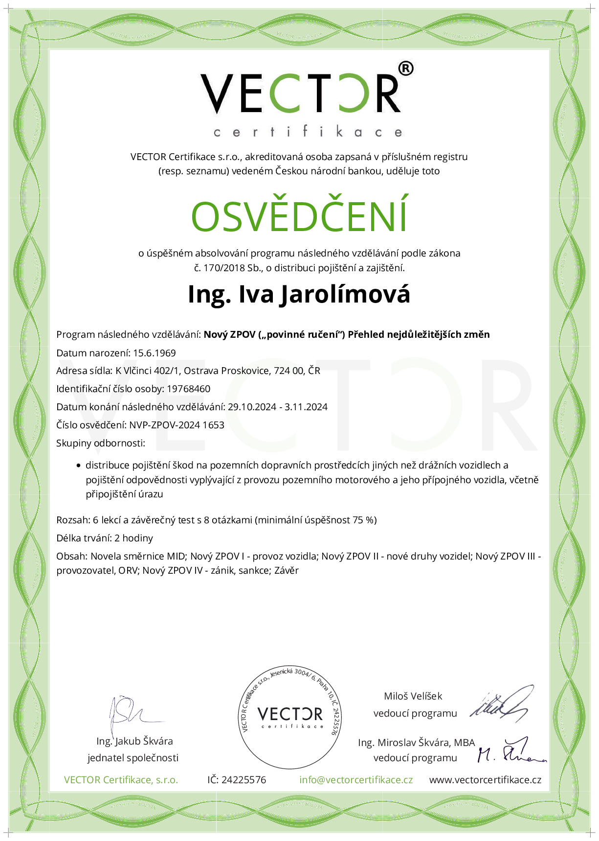 Osvědčení kurzu: Nový ZPOV („povinné ručení“) Přehled nejdůležitějších změn (NVP-ZPOV-2024)