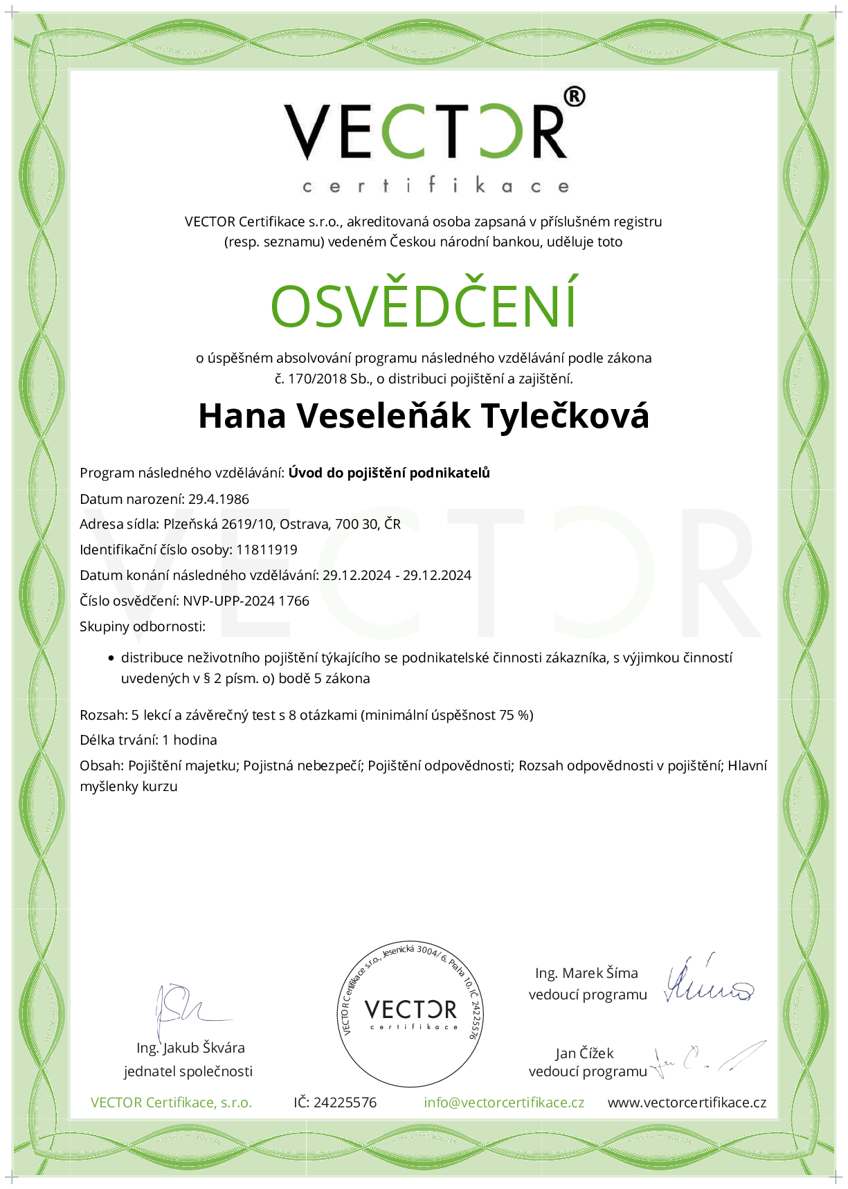 Osvědčení kurzu: Úvod do pojištění podnikatelů (NVP-UPP-2024)