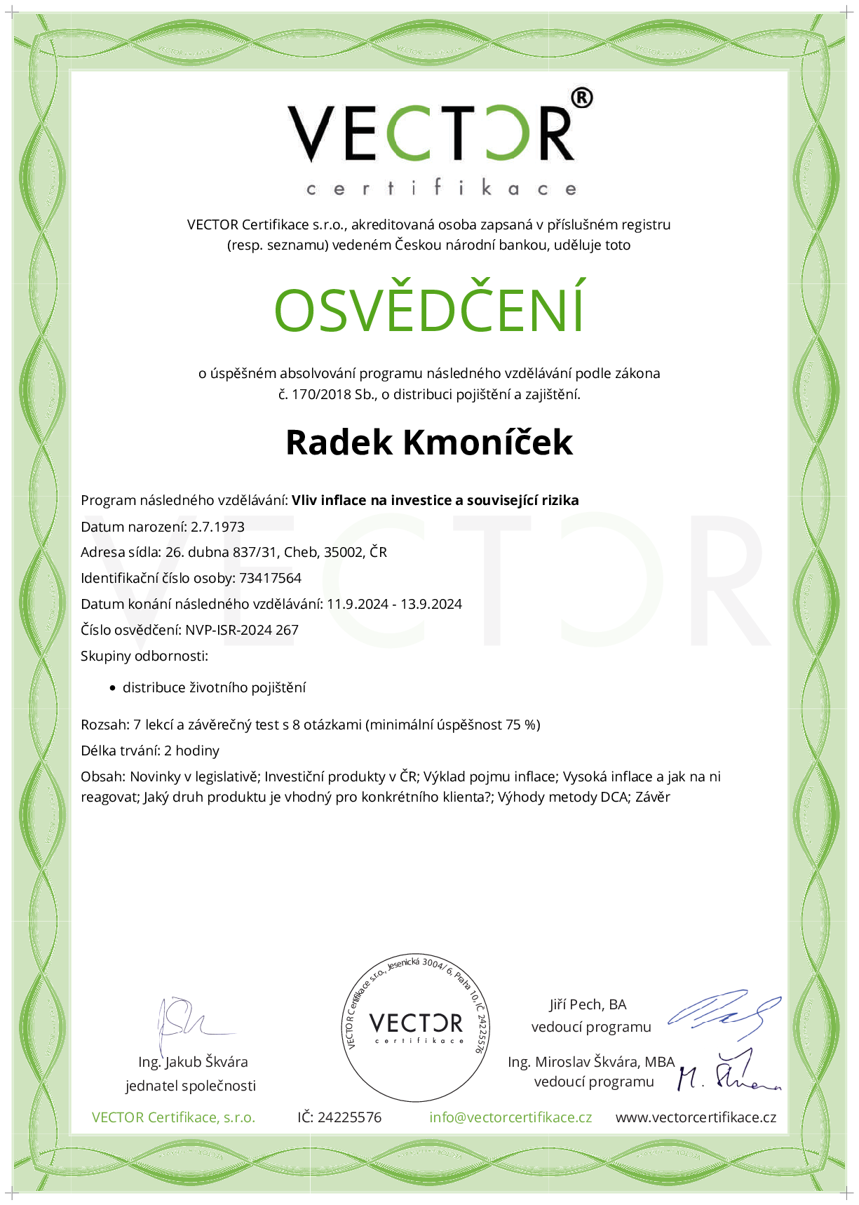 Osvědčení kurzu: Vliv inflace na investice a související rizika (NVP-ISR-2024)