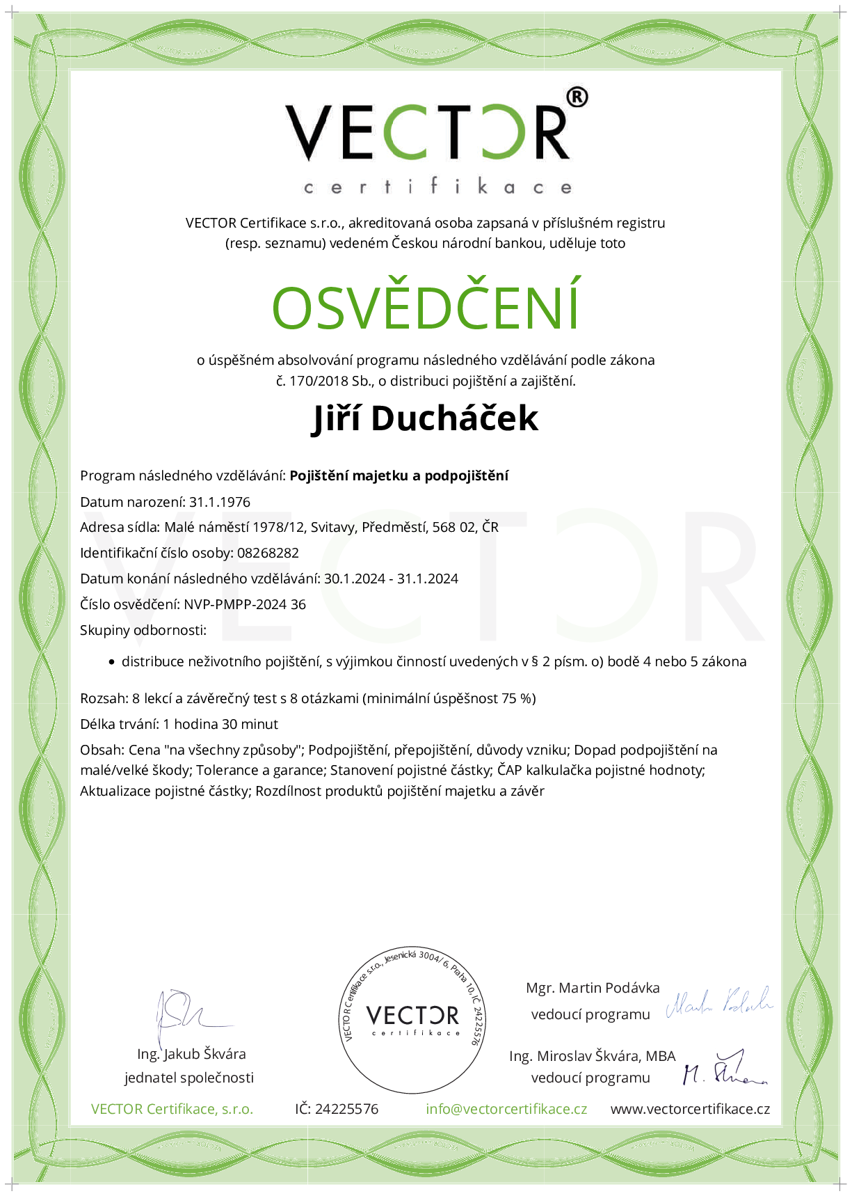 Osvědčení kurzu: Pojištění majetku a podpojištění (NVP-PMPP-2024)