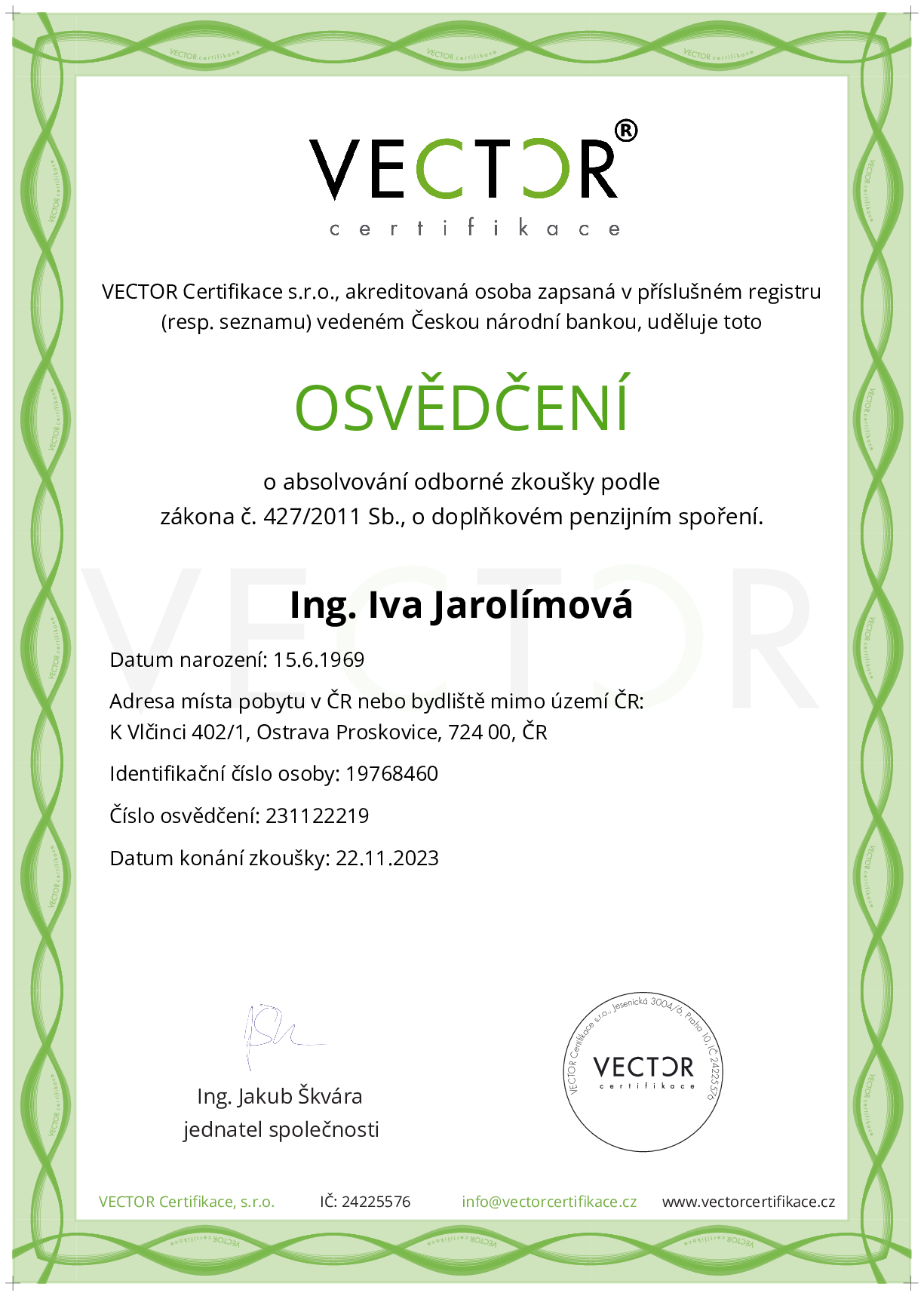 Osvědčení ze zkoušky: DPS - Doplňkové penzijní spoření