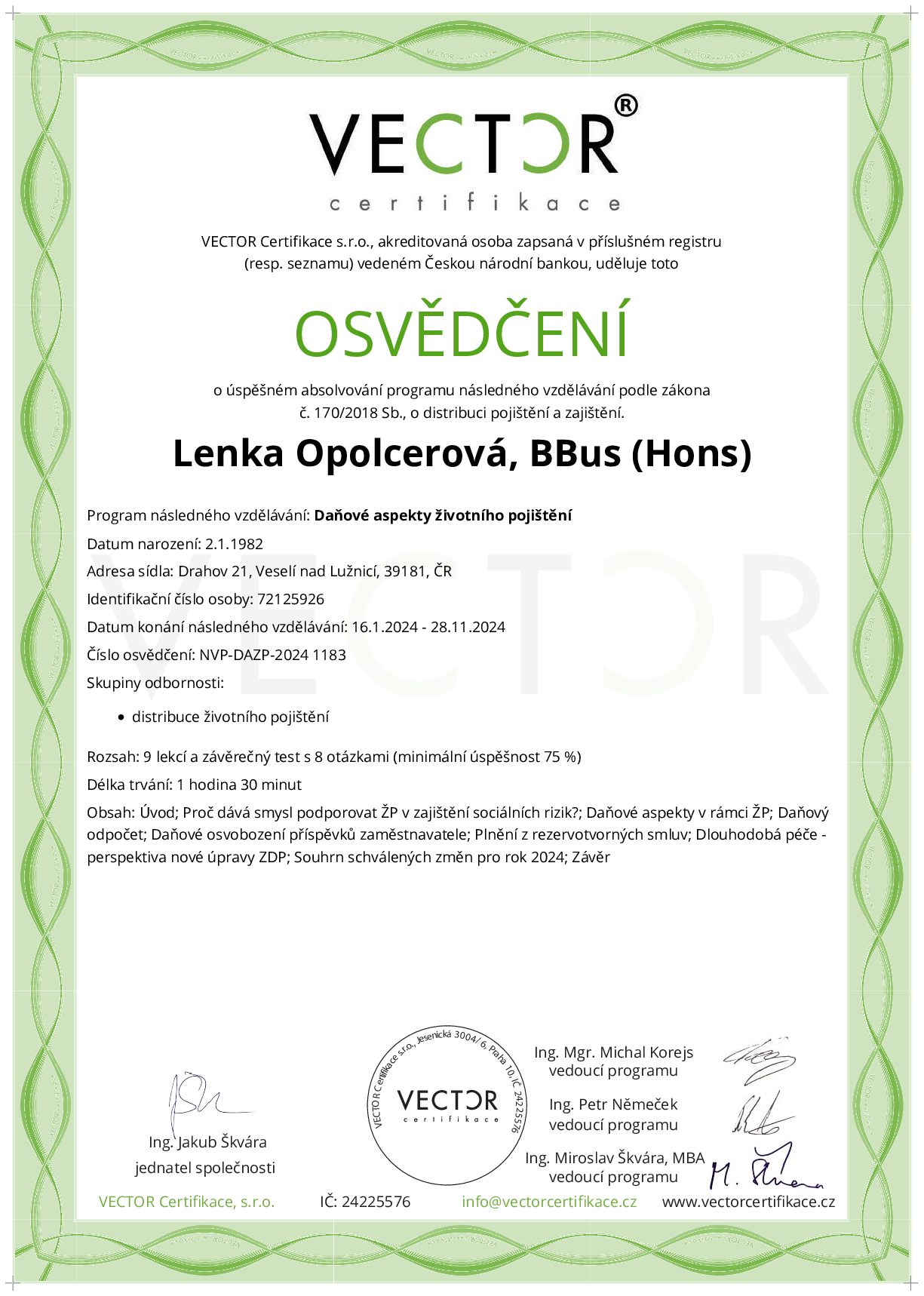 Osvědčení kurzu: Daňové aspekty životního pojištění (NVP-DAZP-2024)