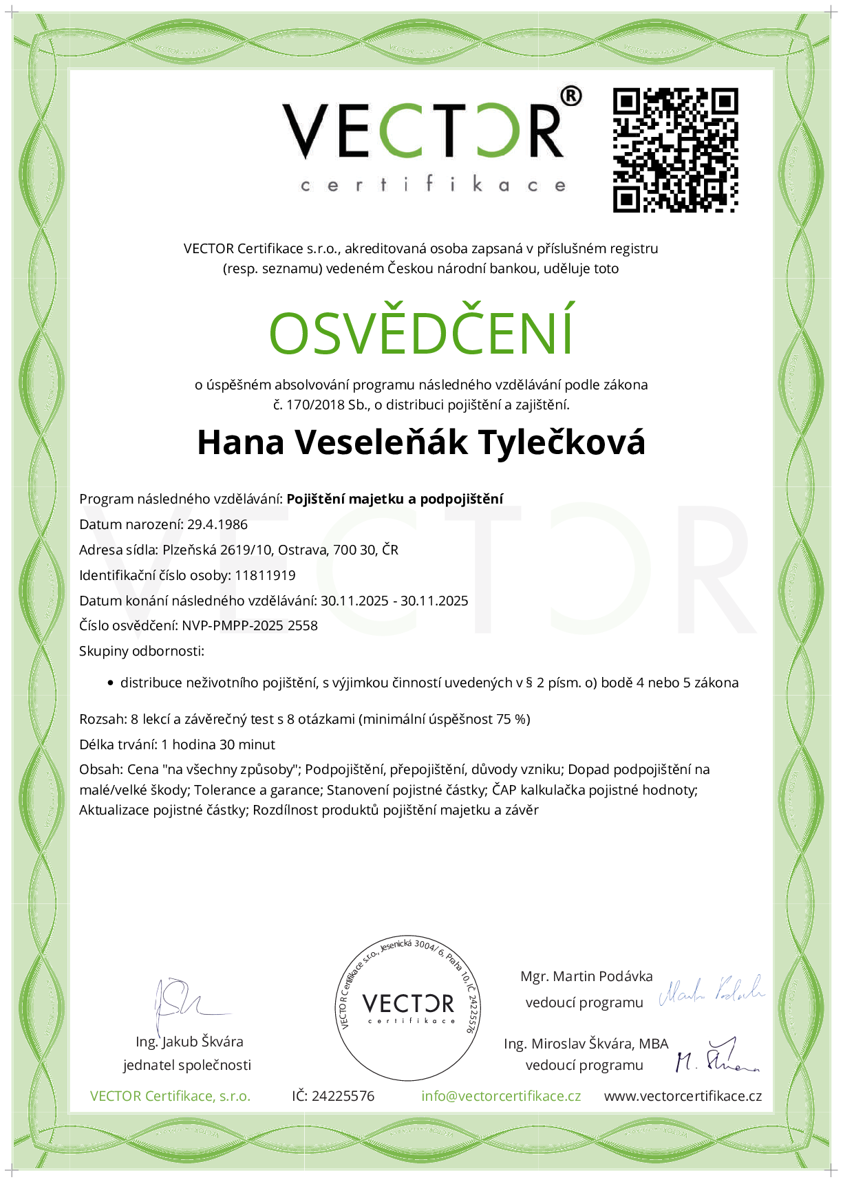 Osvědčení kurzu: Pojištění majetku a podpojištění (NVP-PMPP-2025)