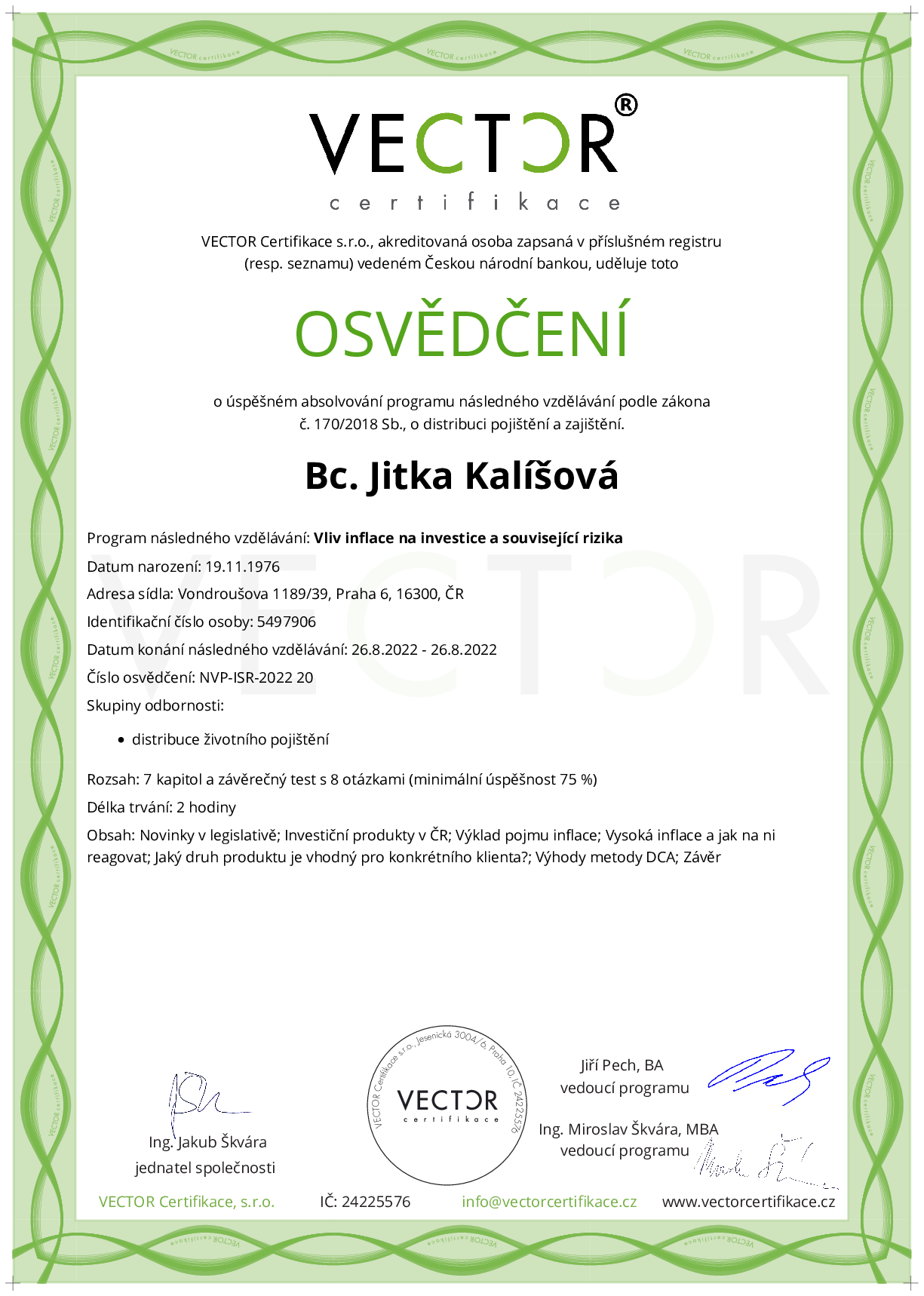 Osvědčení kurzu: Vliv inflace na investice a související rizika (NVP-ISR-2022)