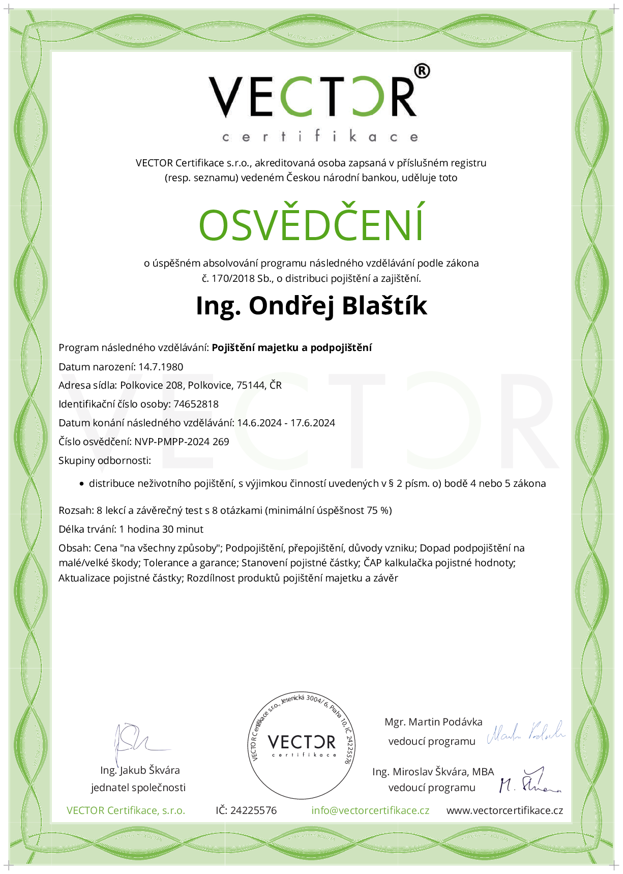 Osvědčení kurzu: Pojištění majetku a podpojištění (NVP-PMPP-2024)