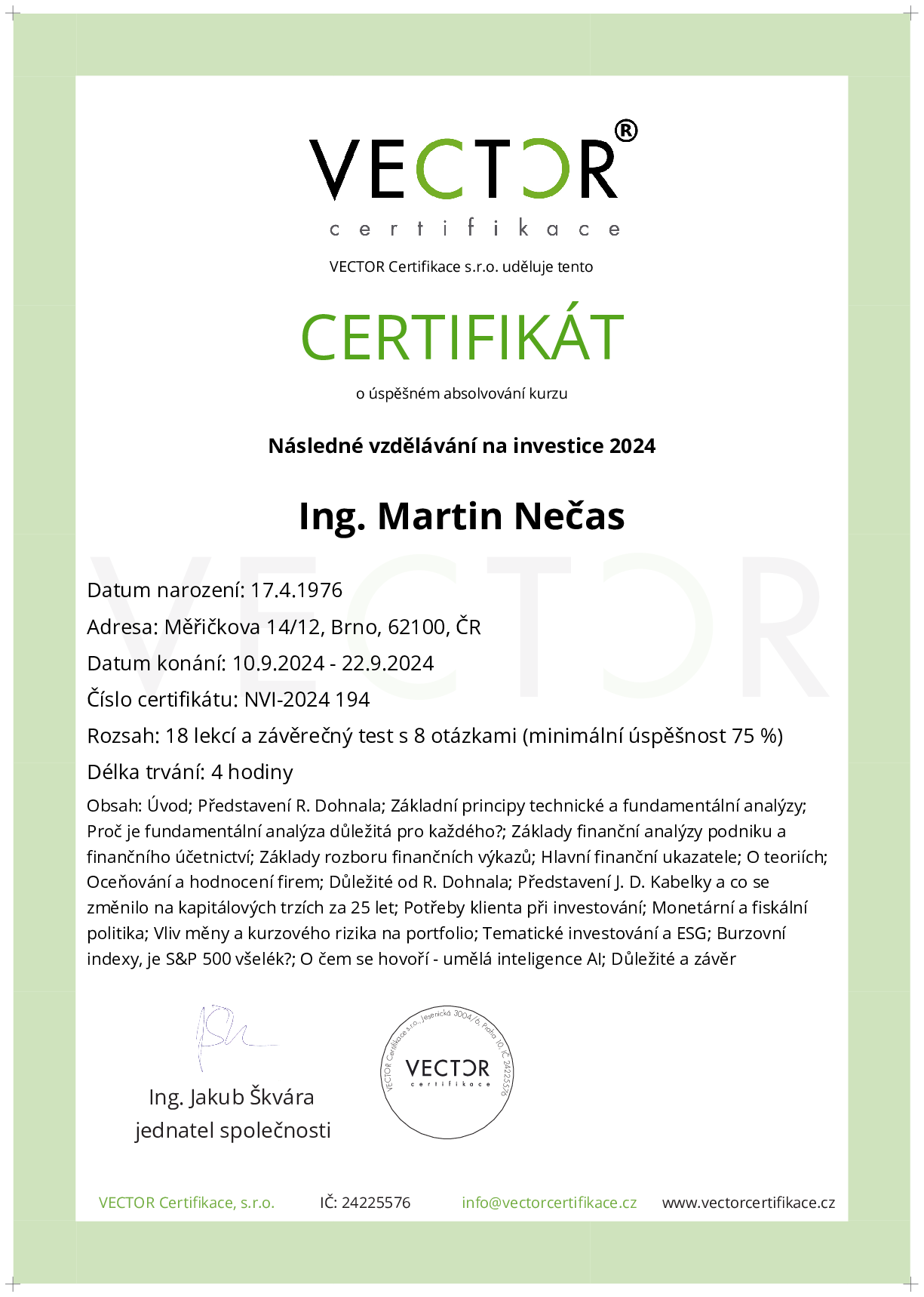 Osvědčení kurzu: Následné vzdělávání na investice 2024 (NVI-2024)