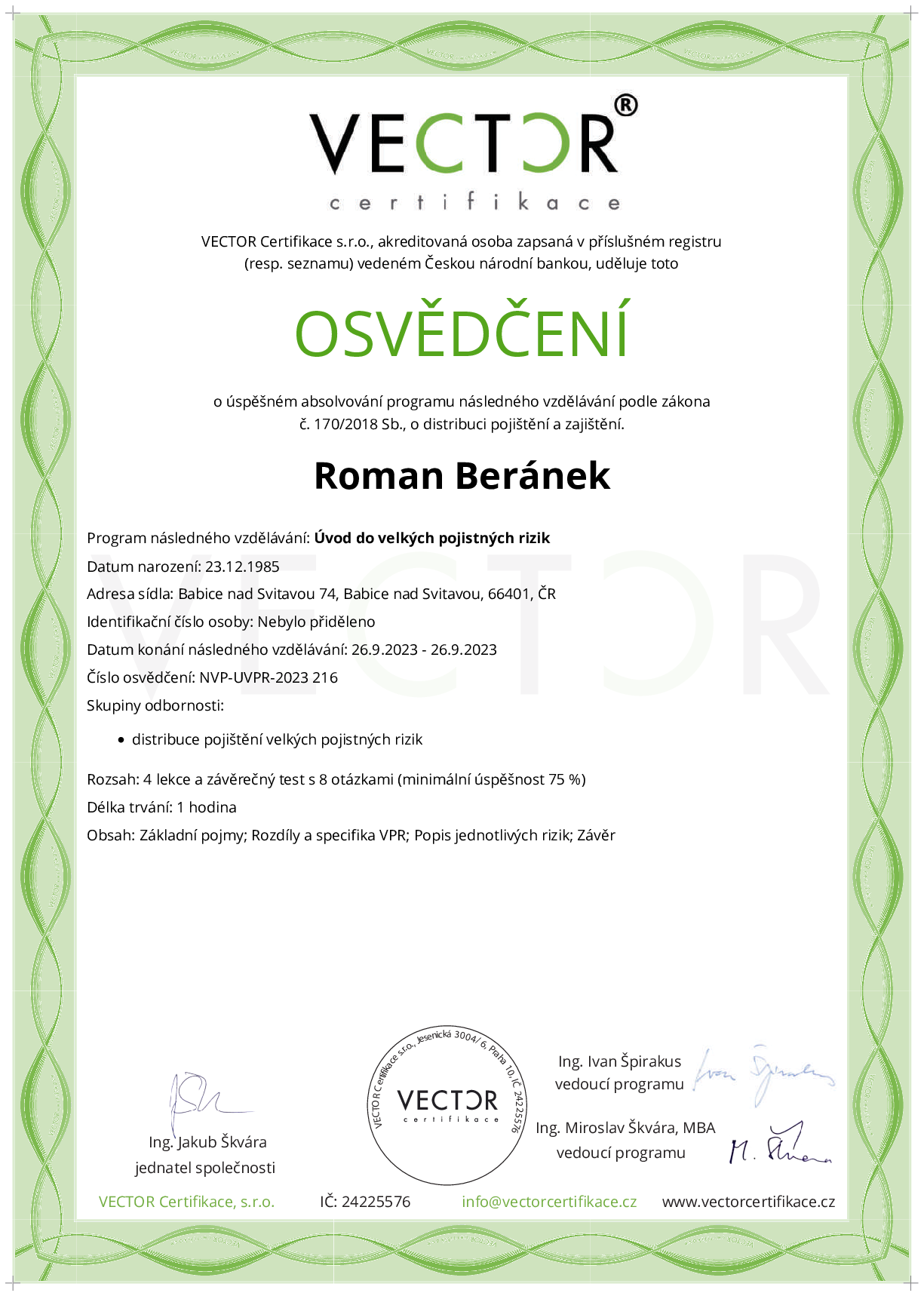 Osvědčení kurzu: Úvod do velkých pojistných rizik (NVP-UVPR-2023)