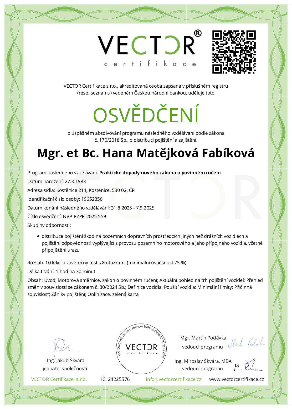 Osvědčení kurzu: Praktické dopady nového zákona o povinném ručení (NVP-PZPR-2025)