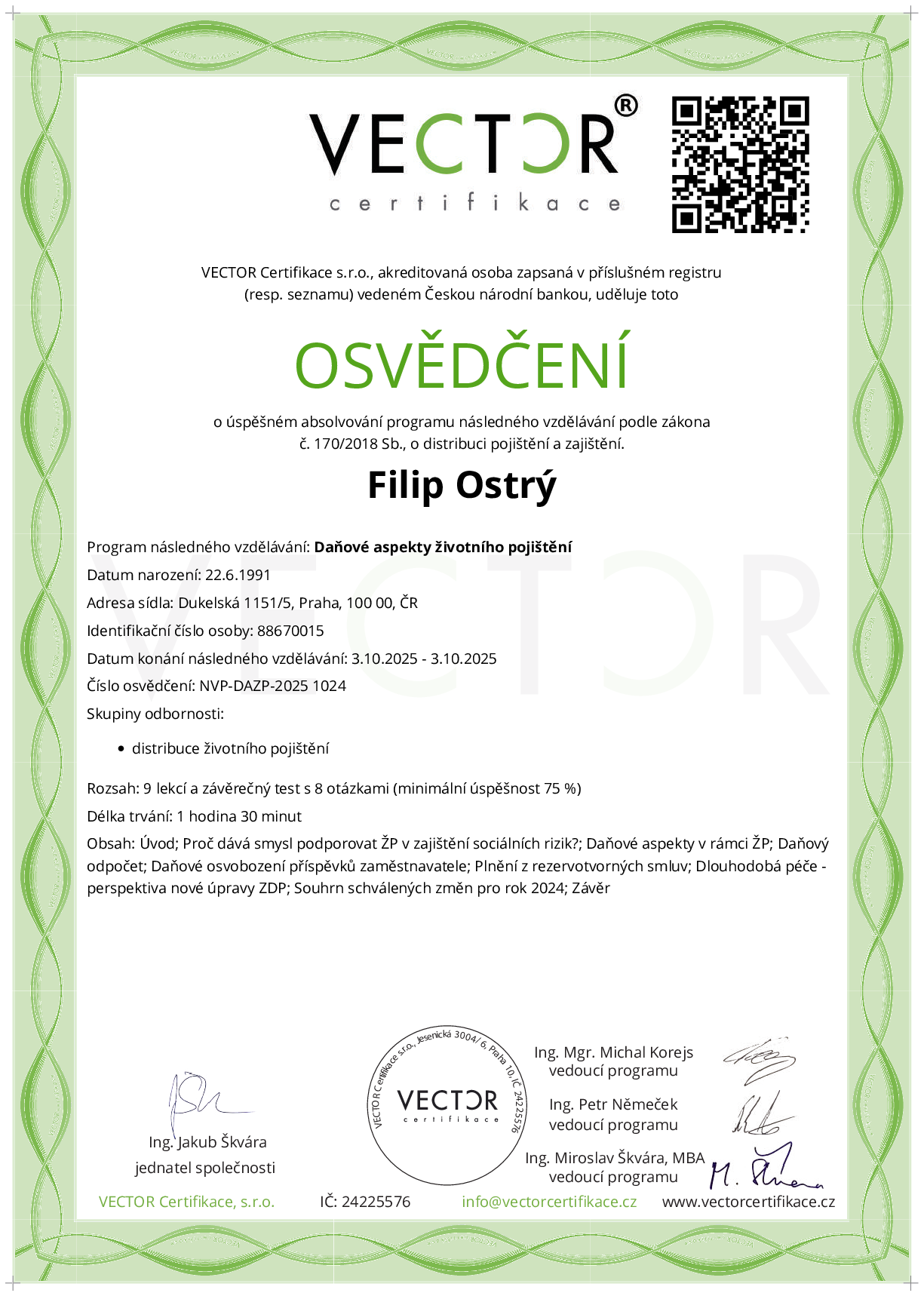 Osvědčení kurzu: Daňové aspekty životního pojištění (NVP-DAZP-2025)