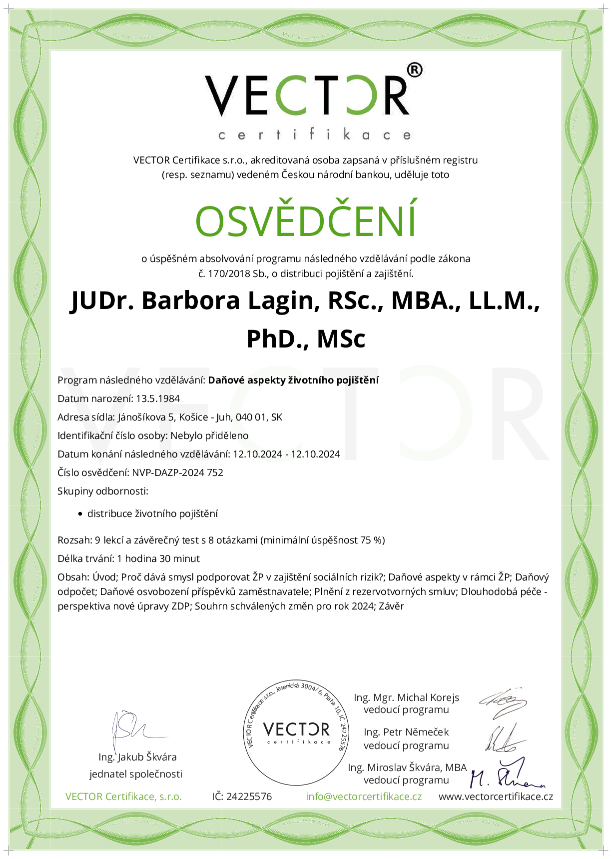 Osvědčení kurzu: Daňové aspekty životního pojištění (NVP-DAZP-2024)