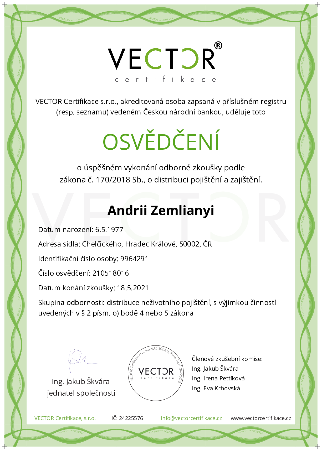 Osvědčení ze zkoušky: III. POJ-NOP - Neživotní občanské pojištění