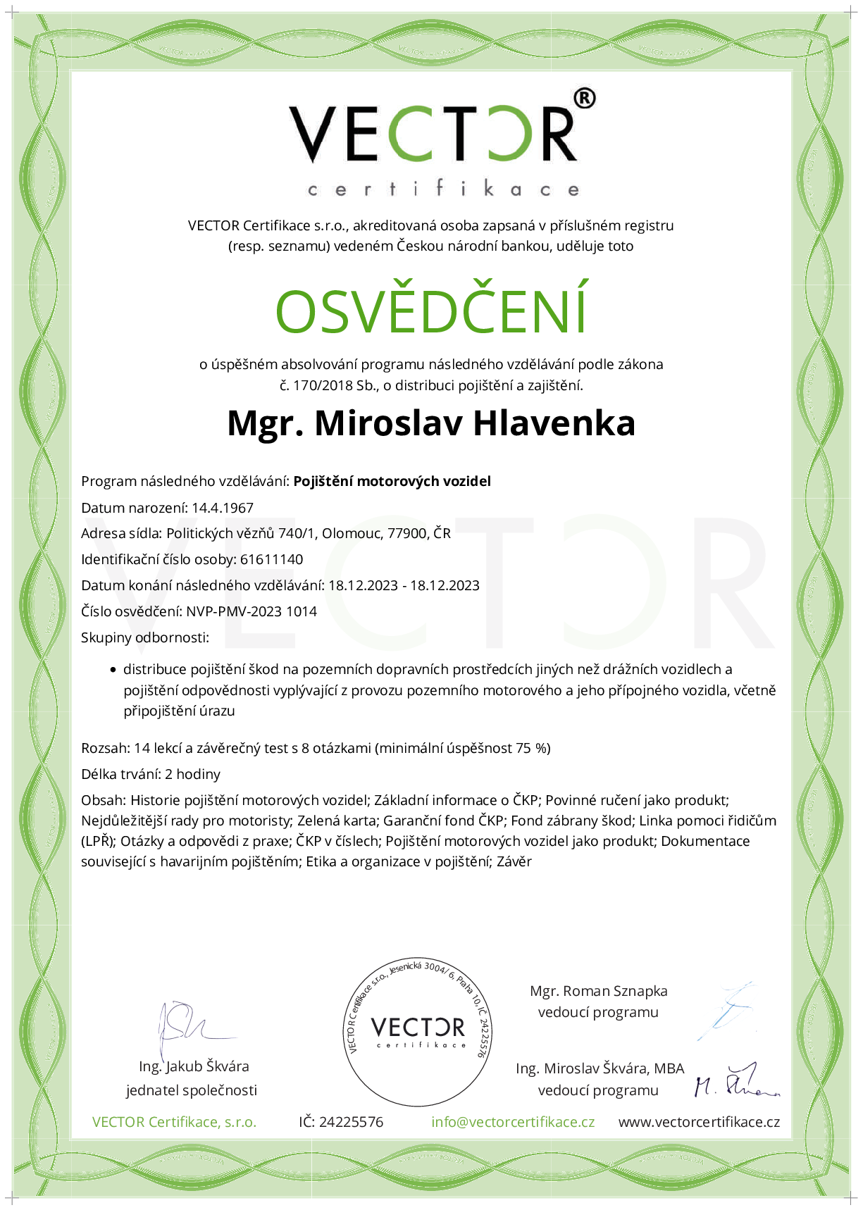Osvědčení kurzu: Pojištění motorových vozidel (NVP-PMV-2023)