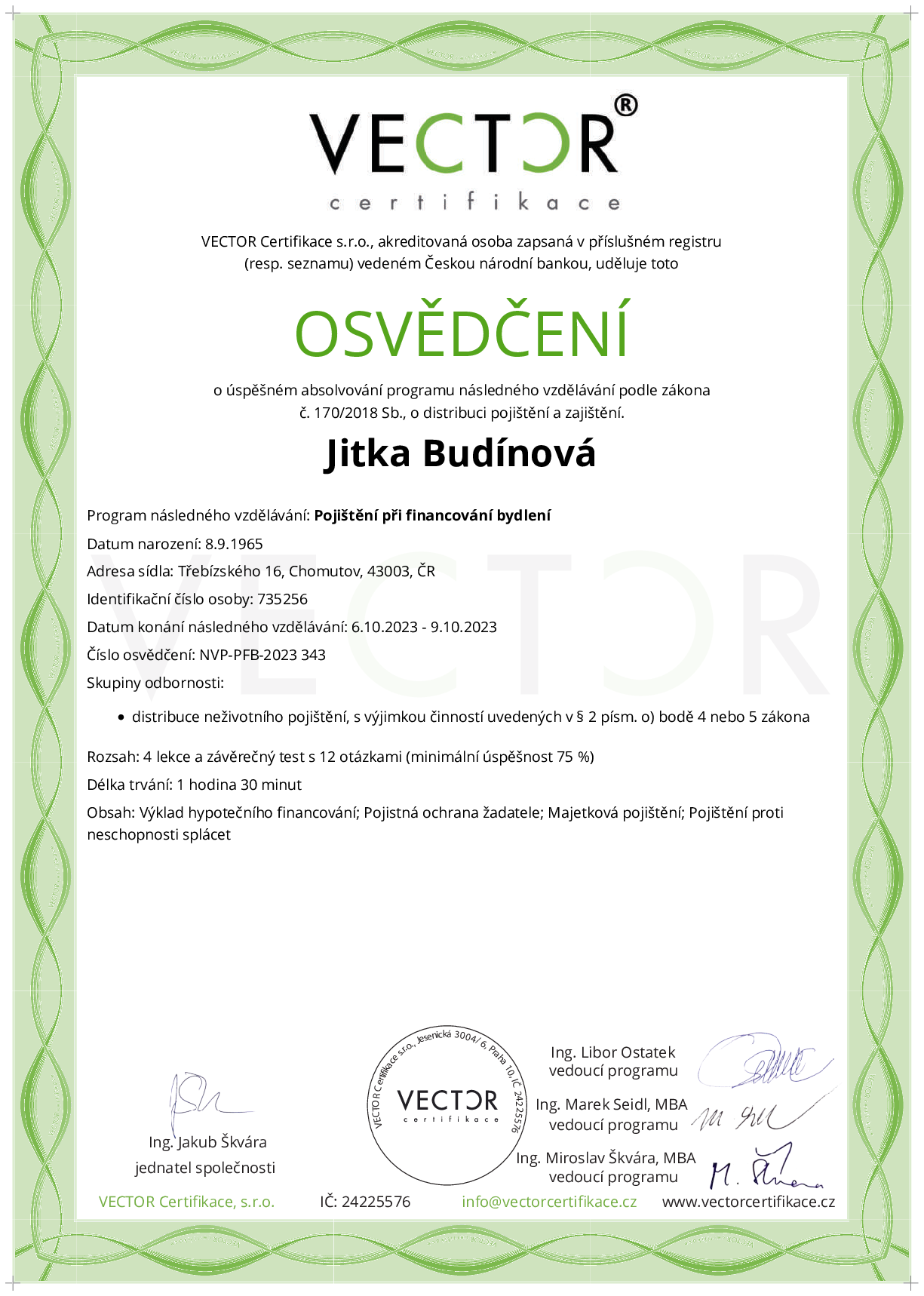 Osvědčení kurzu: Pojištění při financování bydlení (NVP-PFB-2023)