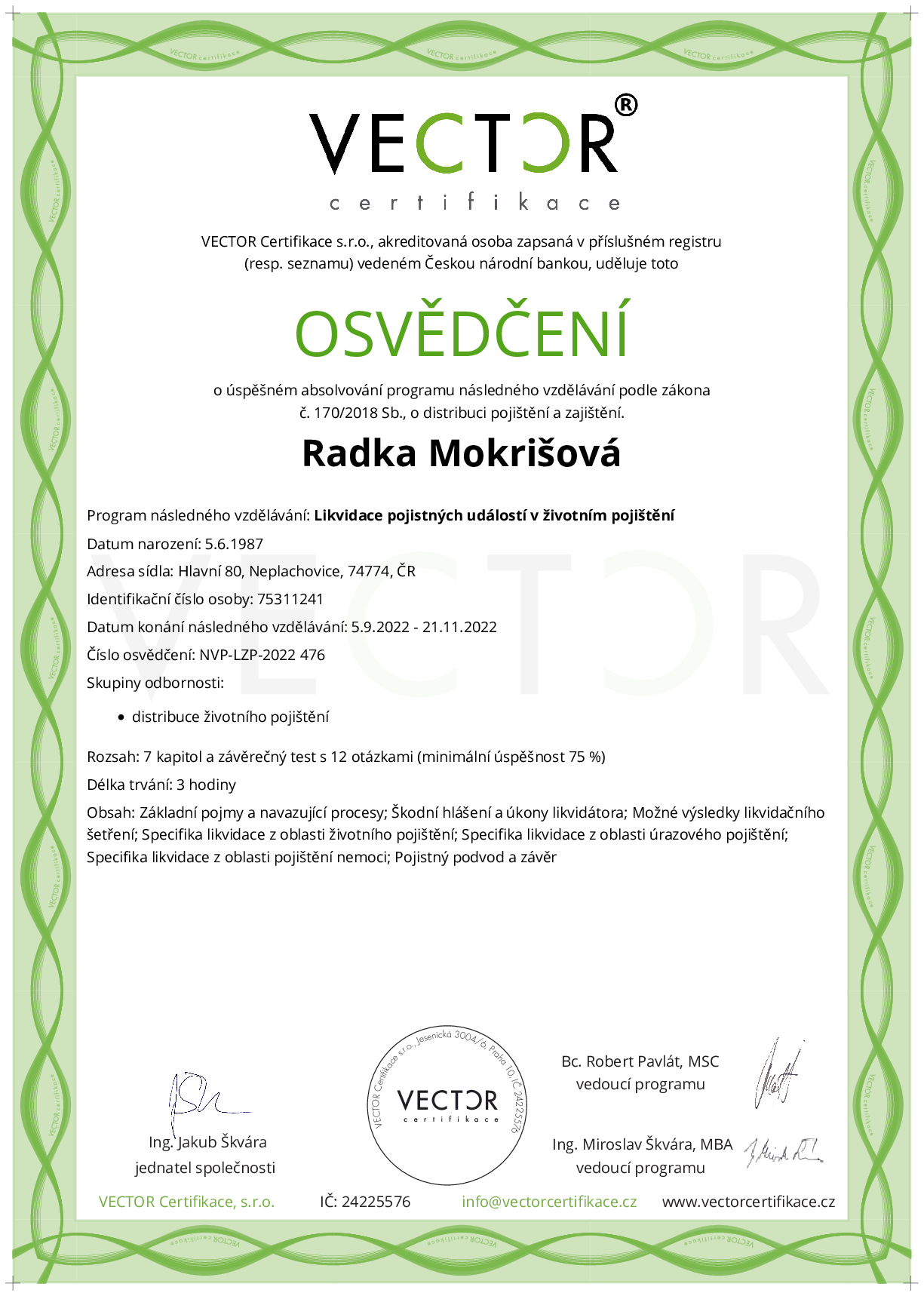 Osvědčení kurzu: Likvidace pojistných událostí v životním pojištění (NVP-LZP-2022)