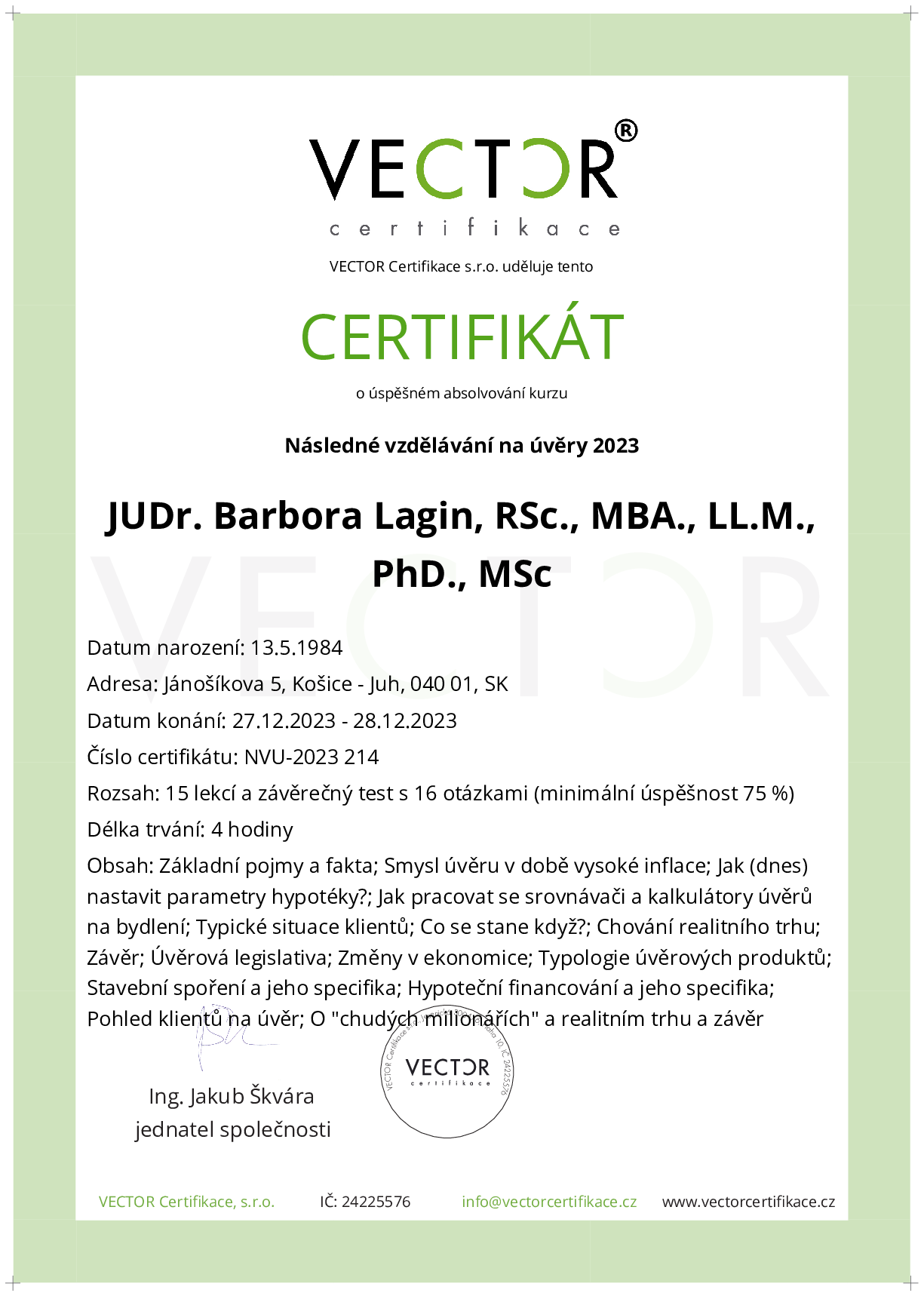 Osvědčení kurzu: Následné vzdělávání na úvěry 2023 (NVU-2023)