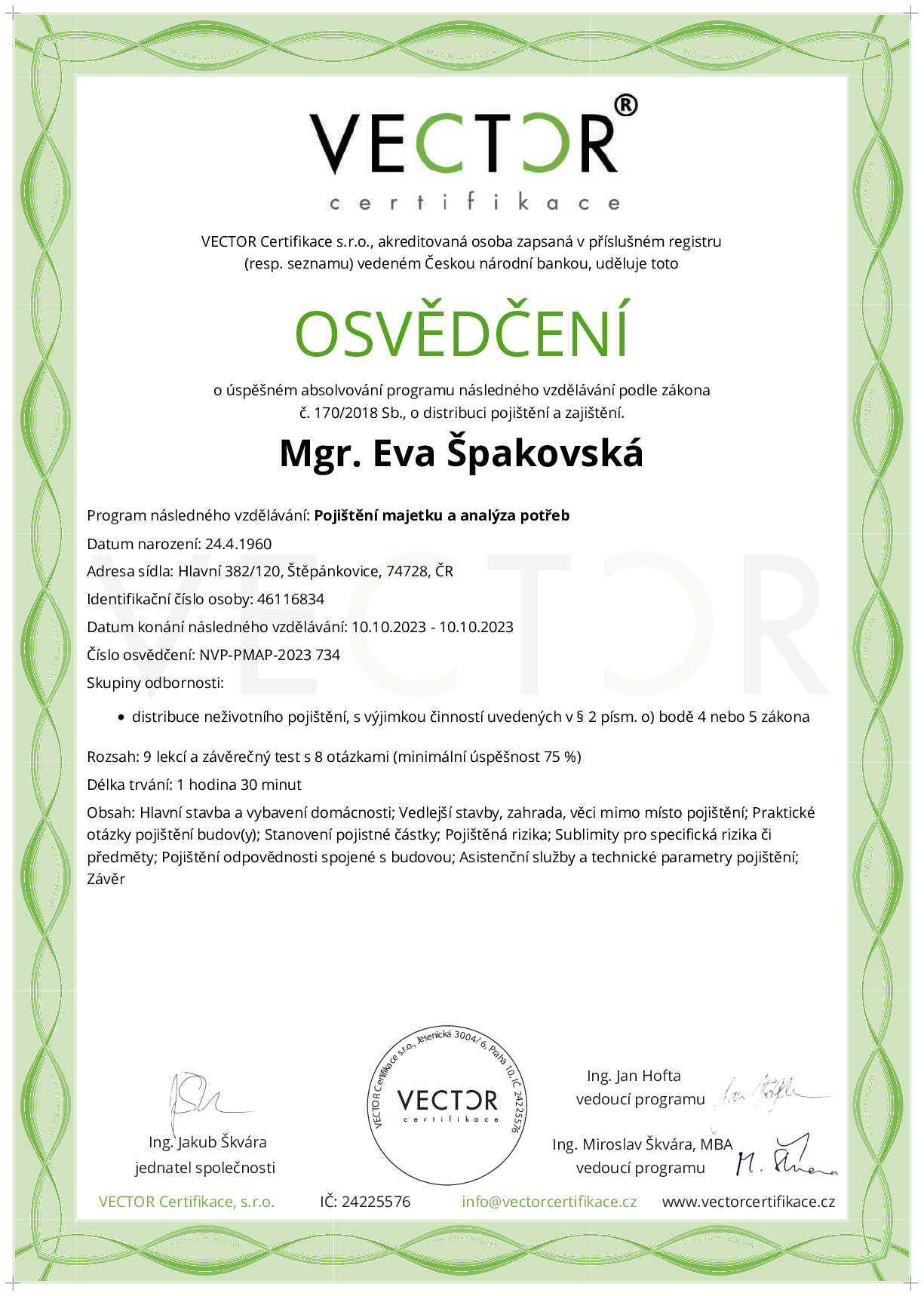 Osvědčení kurzu: Pojištění majetku a analýza potřeb (NVP-PMAP-2023)