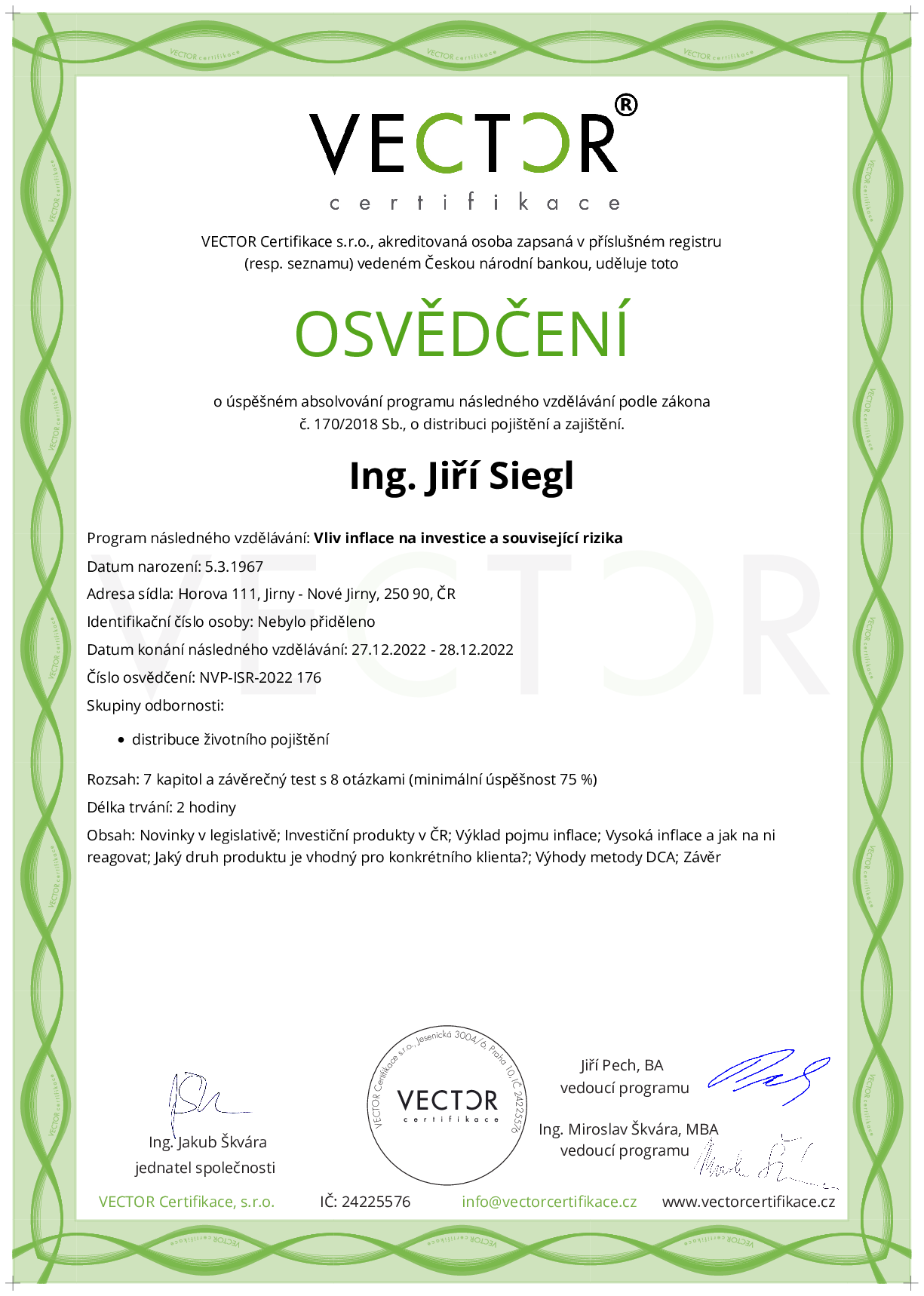 Osvědčení kurzu: Vliv inflace na investice a související rizika (NVP-ISR-2022)
