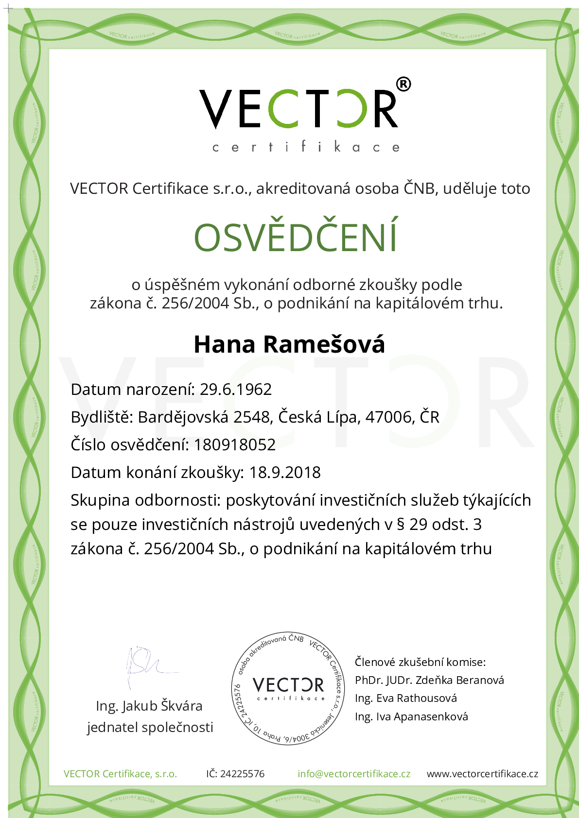 Osvědčení ze zkoušky: I. INV-ZPR - Investiční zprostředkovatel