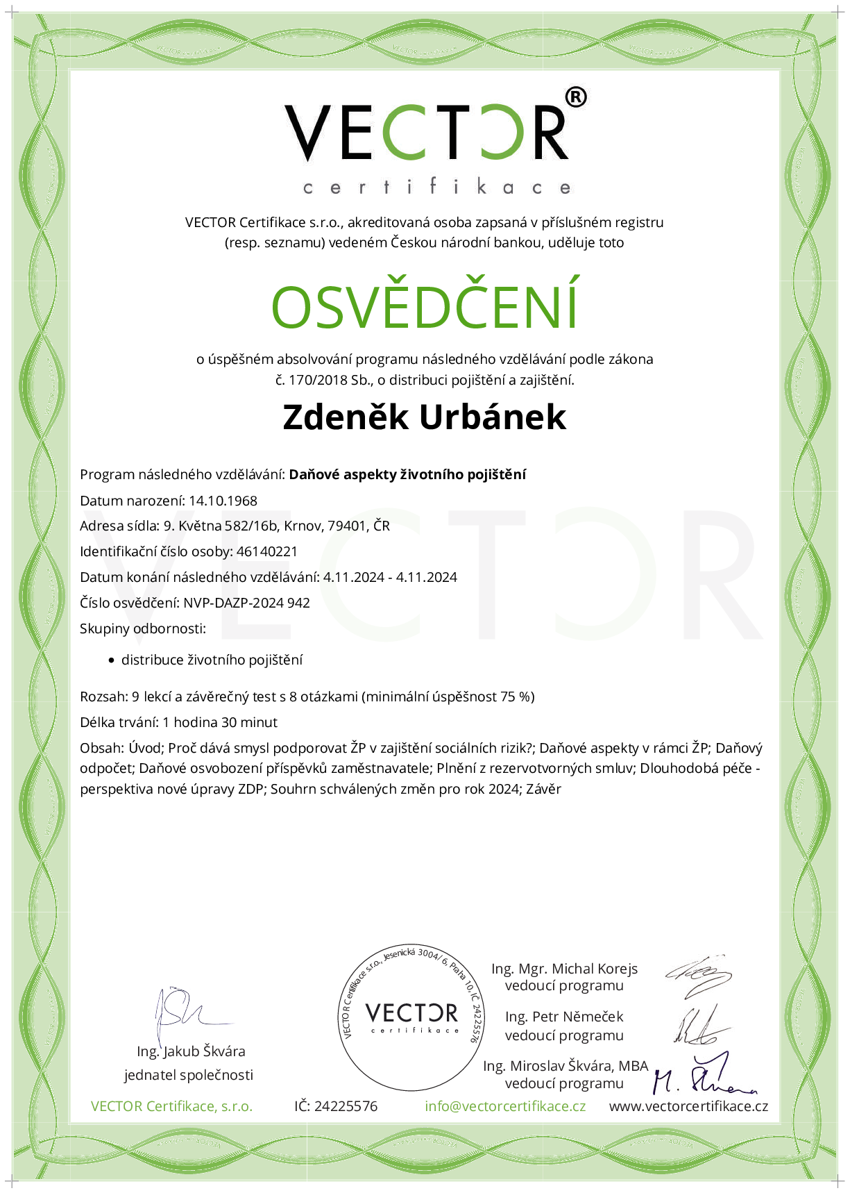 Osvědčení kurzu: Daňové aspekty životního pojištění (NVP-DAZP-2024)