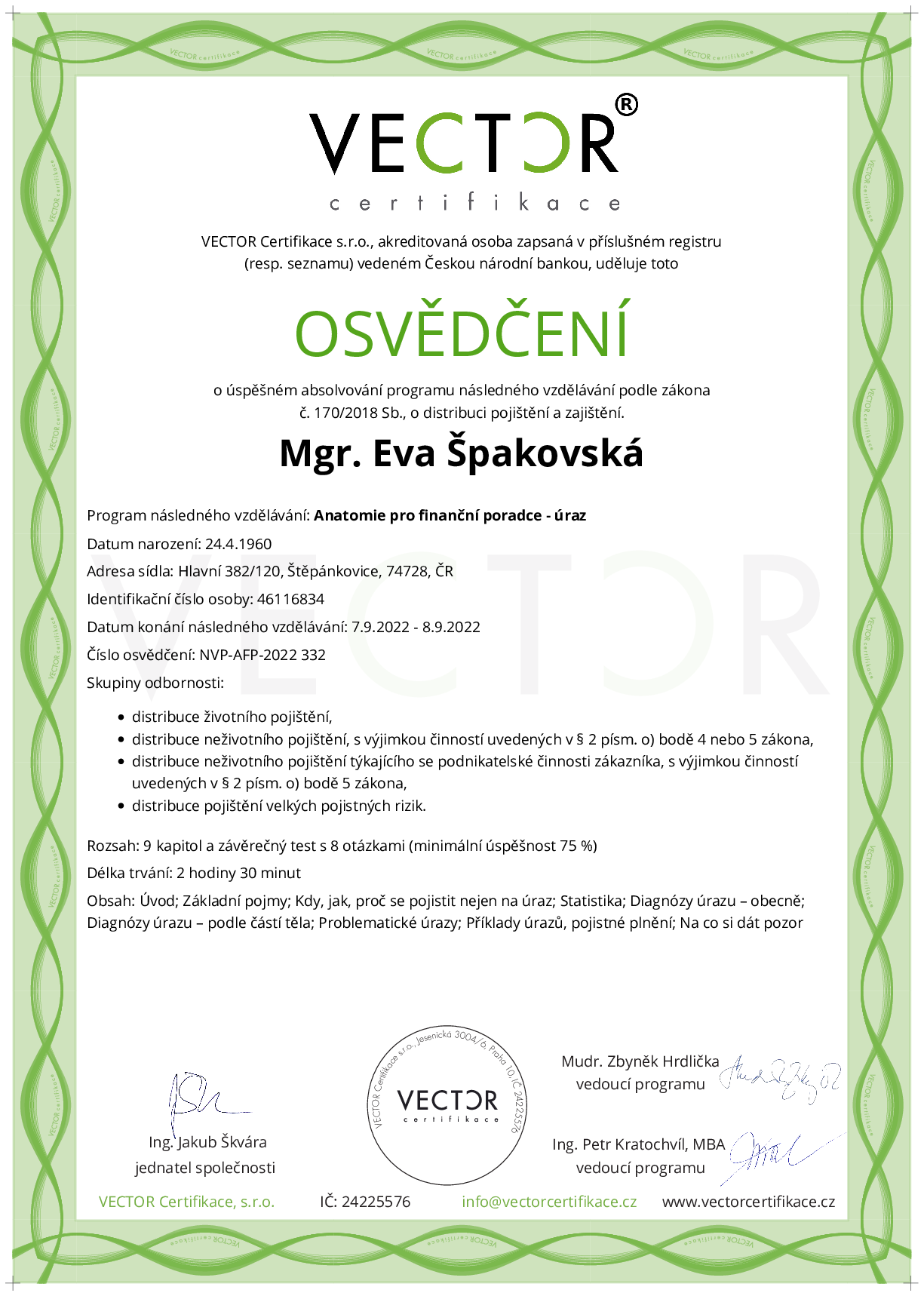 Osvědčení kurzu: Anatomie pro finanční poradce - úraz (NVP-AFP-2022)