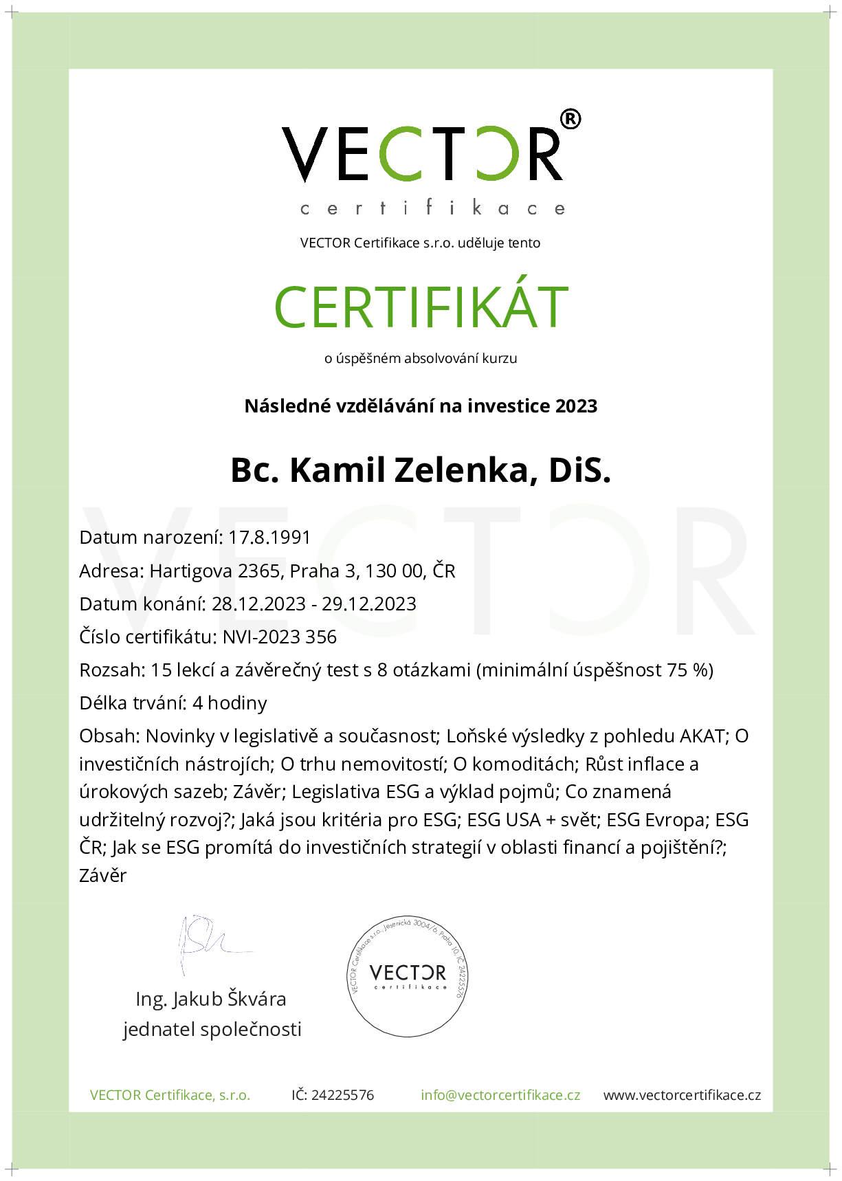 Osvědčení kurzu: Následné vzdělávání na investice 2023 (NVI-2023)